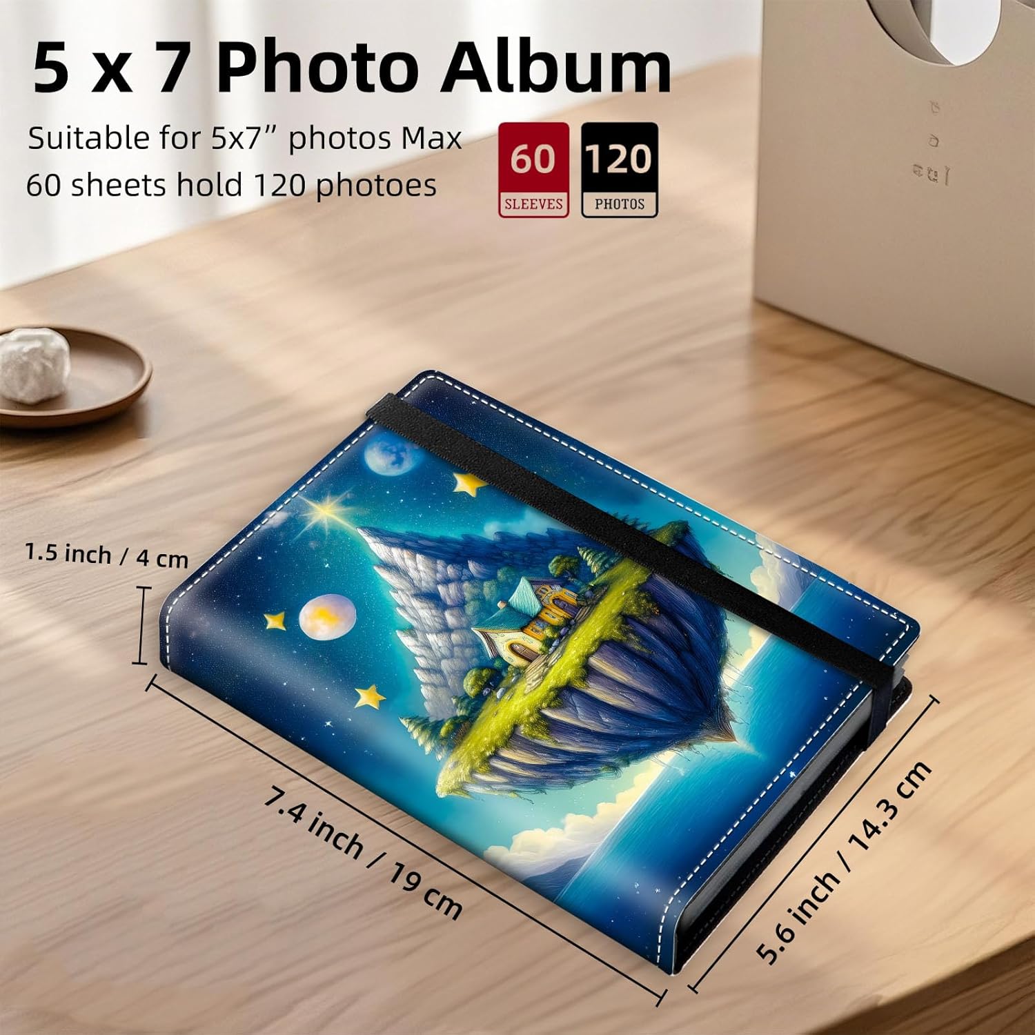 Small Photo Album 5x7 for 120 Photos with PU Leather Cover, Sky Island Pattern Small Picture & Postcard Album Book, Portable Family Memory Book for Travel, Baby, Wedding, Special Occasions