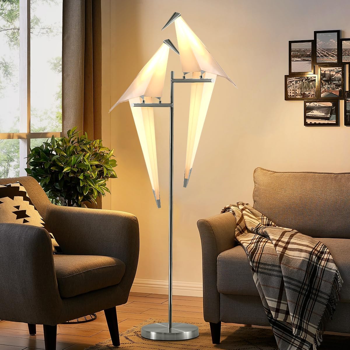 MORE CHANGE 68In Bird Floor Lamp, Modern Origami Bird Lamp, Silver Swinging Crane Pendant Light Fixtures for Living Room Bedroom Dinning Room Office