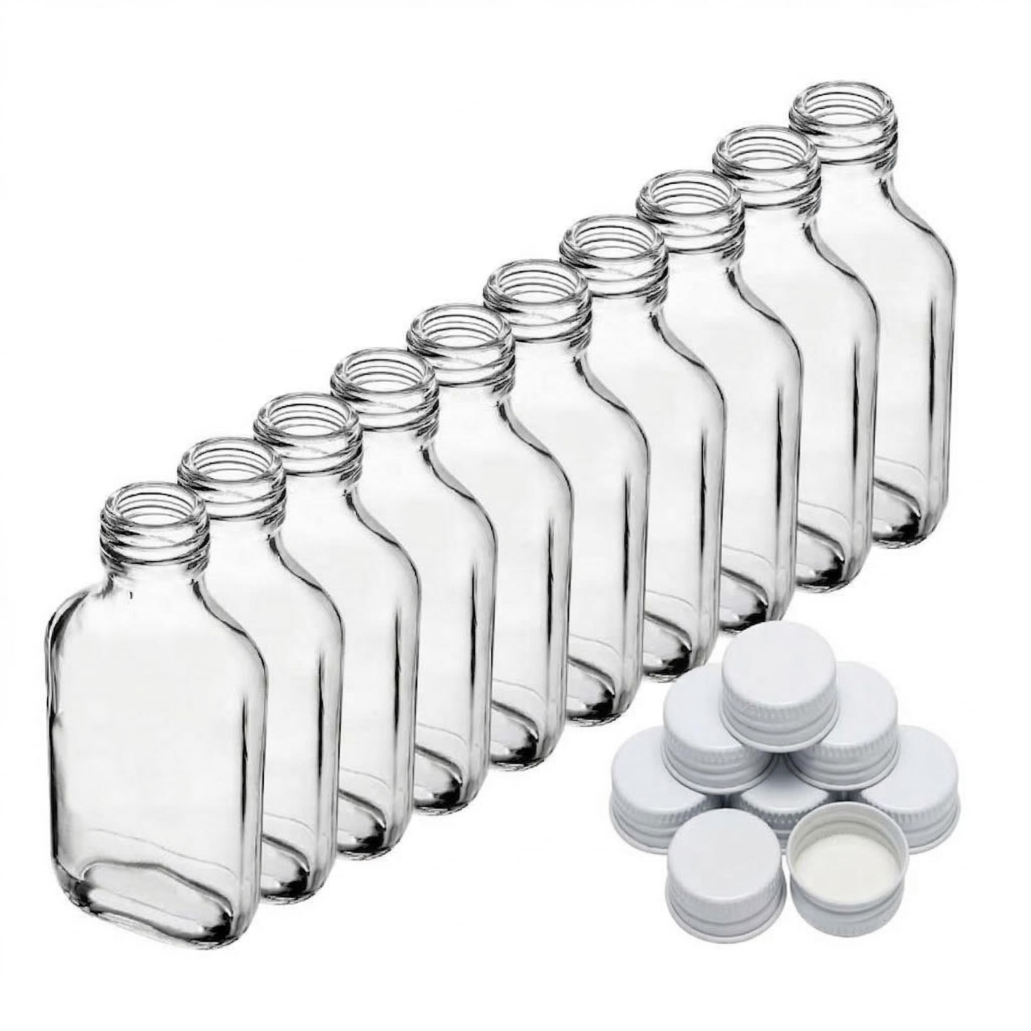 DIAH DO IT AT HOME 10x 100ml Clear Glass Pocket Flask Bottles + White Airtight Screw Caps - Small Leakproof Liquor Bottles for DIY Filling, Spirits, Party Favors & Homemade Liquids