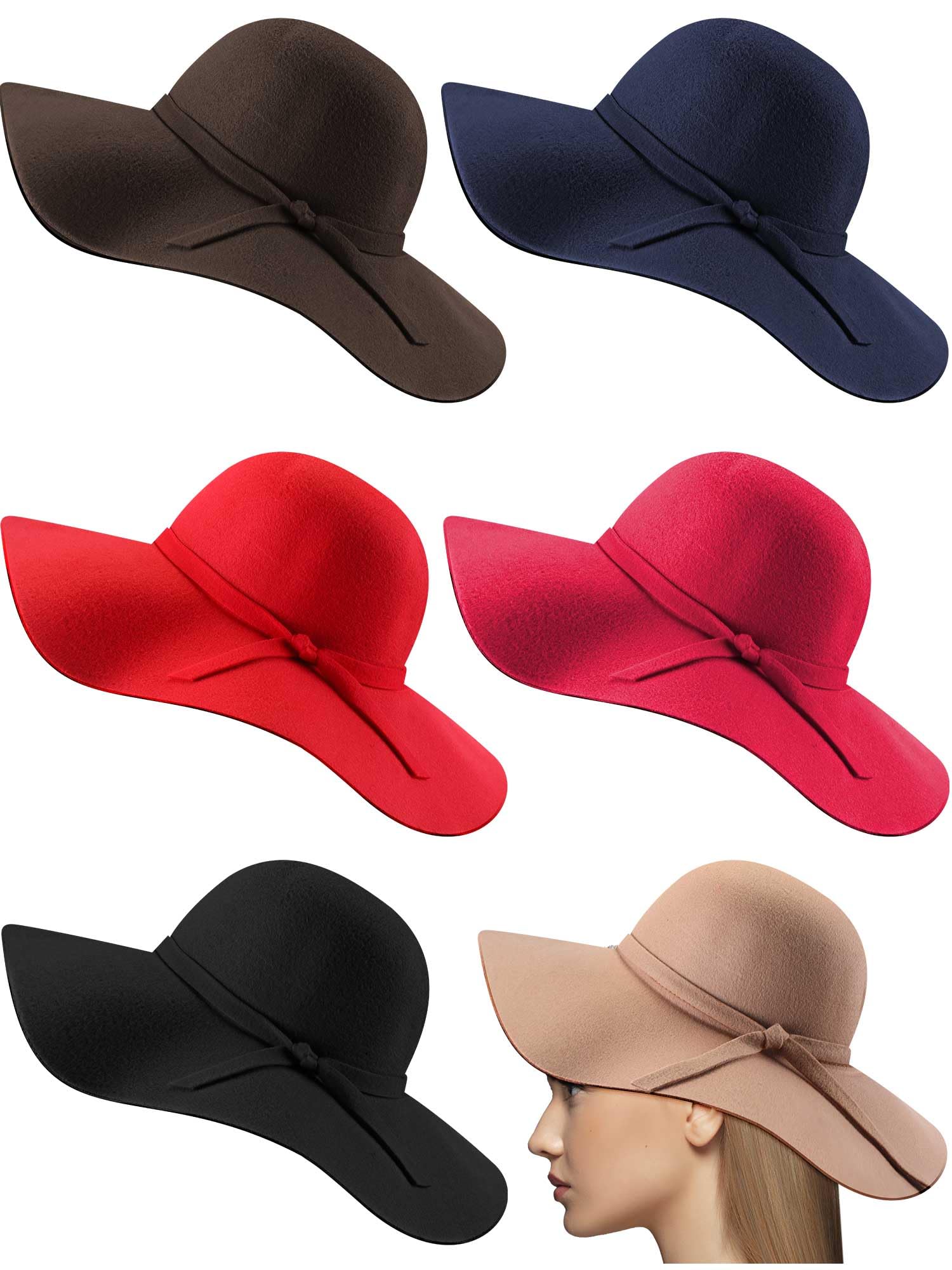 Ramede6 Pcs Women Lady Wide Brim Retro Hat Winter Floppy Felt Bowler Hat Foldable Hats for Women Fancy Ribbon Band Floppy Hat, 6 Colors Multicolor