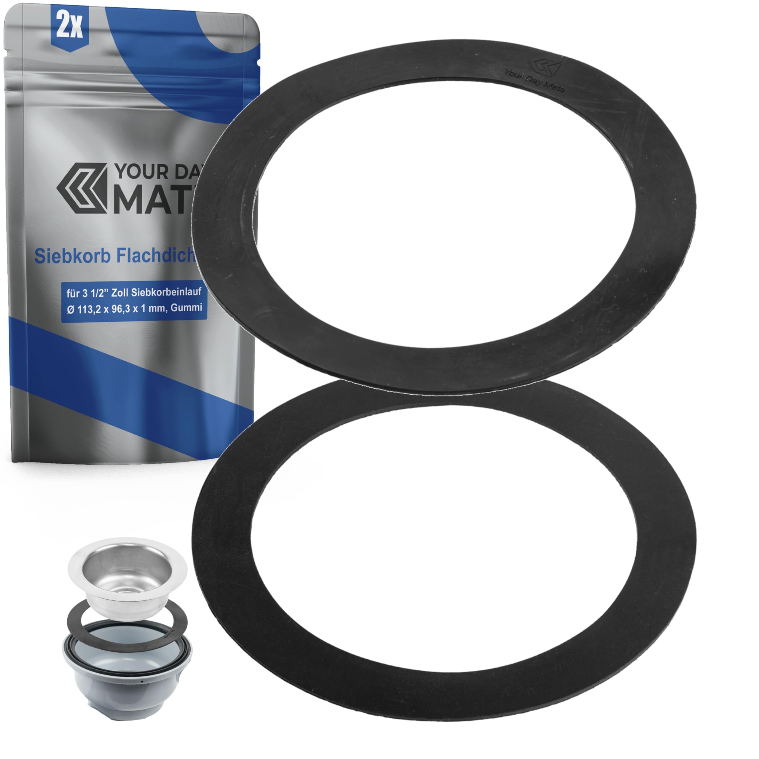 Flachdichtung für Siebkorbablauf, 2 Stück, Ø 113 x 86 x 1 mm, für 3 1/2" Garnituren, kompatibel mit BLANCO, FRANKE, VIEGA, IKEA, uvm., Dichtungssatz Küchenarmatur, Dichtring Siebkorb, Gummidichtung