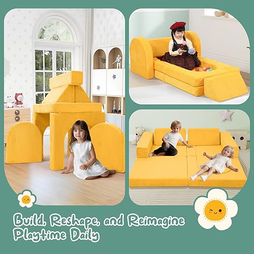 Miniatura 35 de MeMoreCool Sofá infantil para sala de juegos, sofá modular de 10 piezas, sofá convertible de pana, juego de construcción de fuerte de espuma para