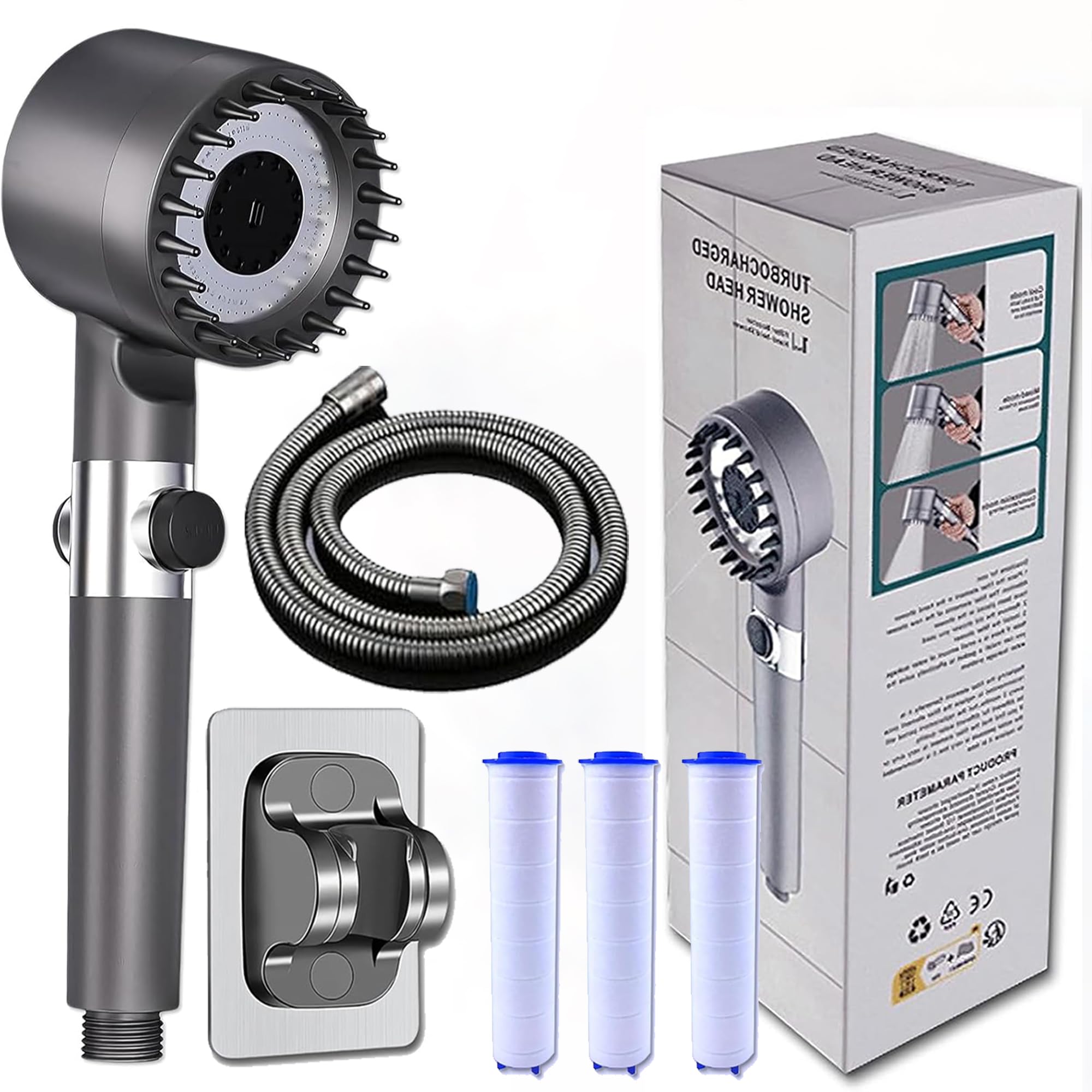 High pressure shower head with filtered showerhead,4 spray modes handheld shower,adjustable shower head with off/on,with 59”/1.5M hose,suitable for bathing and rinsing fish tank and pets