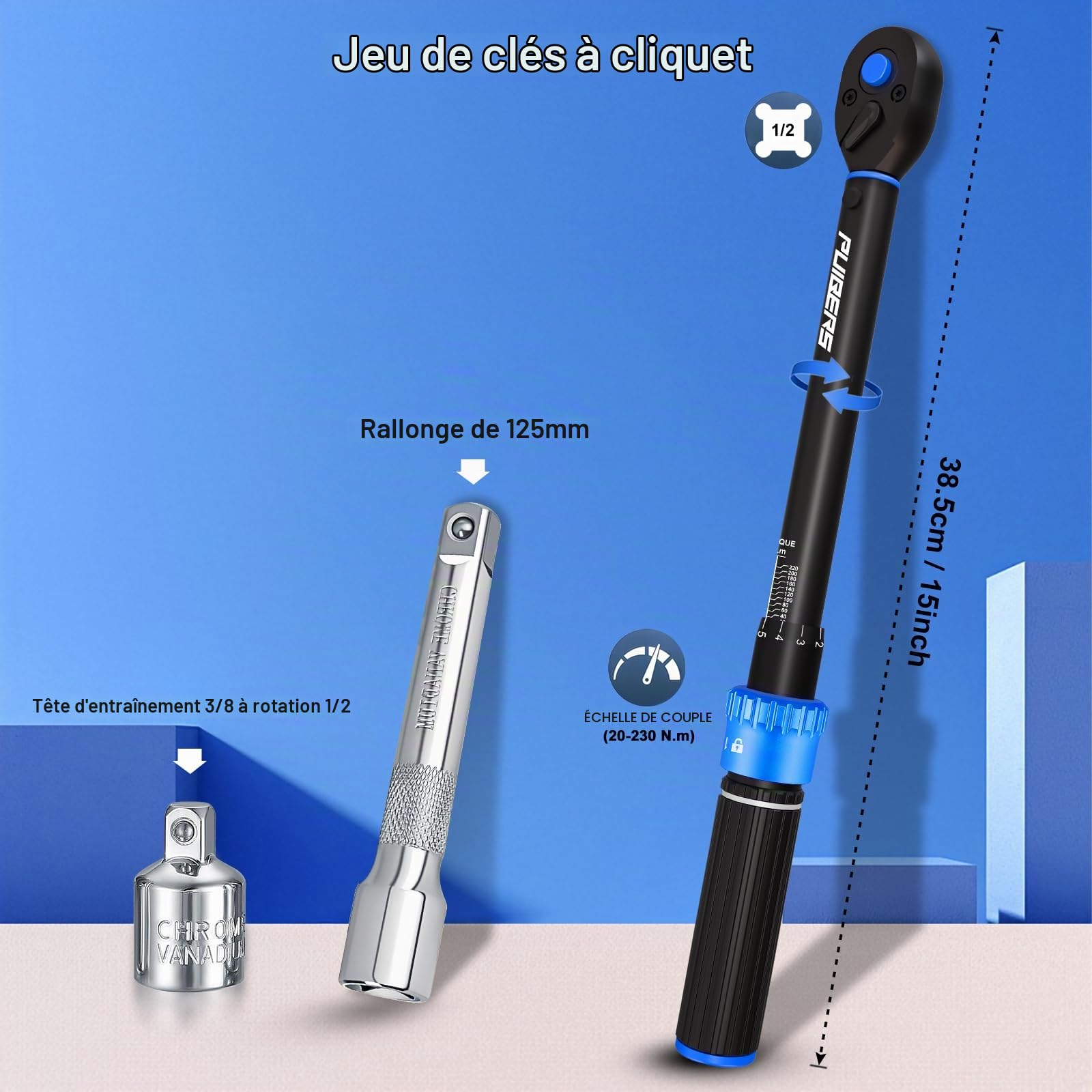 Cle Dynamometrique 1/2" Ensemble, 20–230 Nm Clé Dynamométrique Voiture, Adaptateur 3/8", Rallonge 5", Précision ±3%, 72 Dents Bidirectionnelle, pour Voitures, Motos, Camions