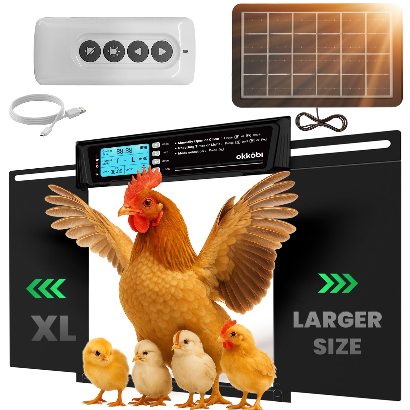 Porta Automatica Pollaio Extra Large Solare – Display LCD, Telecomando, Sensore di Luce, Timer & Funzione Antipizzicamento – Apertura 28,7 x 22,1 cm – Protezione 5 Anni – Nero - Okköbi