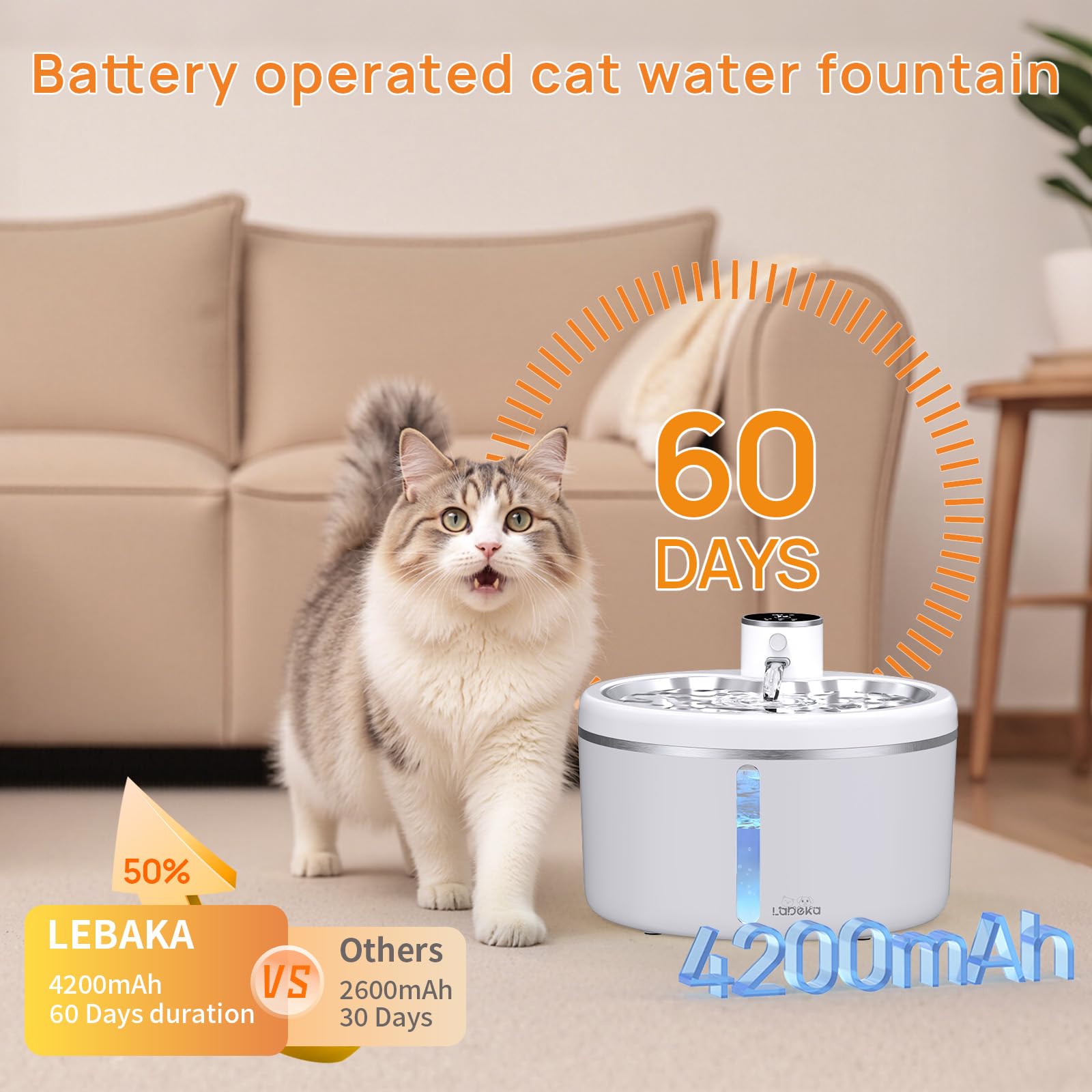 Wireless Cat Water Fountain with Stainless Steel Tray, 102oz/3L Pet Water Fountain for Cats Inside, Cat Fountain for Drinking with Motion Sensor, Ultra Quiet Pump, Cats & Dogs Gifts-8Filters - image 4