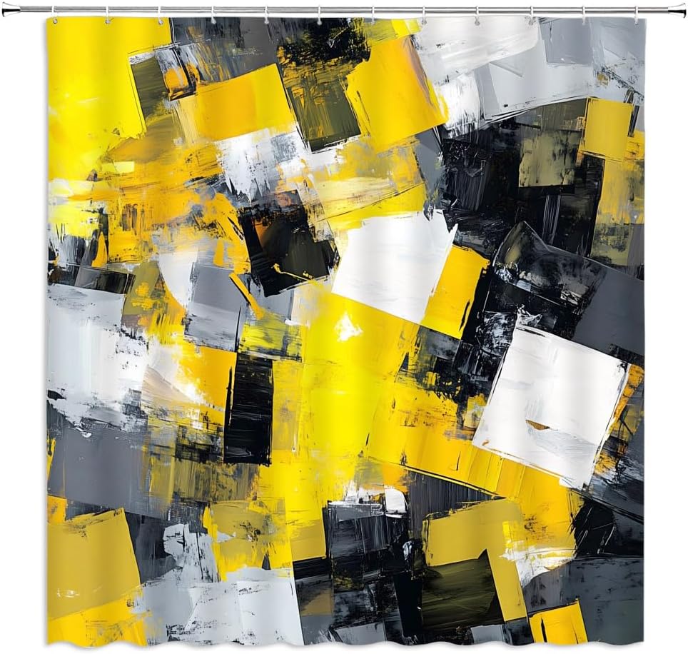 Yellow Shower Curtain Abstract Modern Oil Painting Grey Black White Bathroom Decor Curtains Set with Hooks, 86" W x 70" H