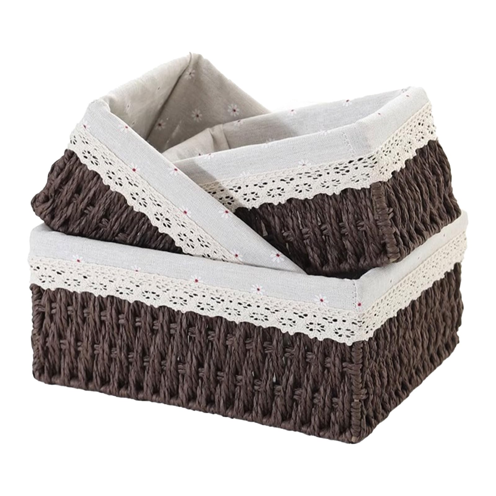 KiKiHong Set of 3 Rope Woven Storage Basket,Natural Woven Bathroom Basket for Bathroom Shelf, Kitchen Cupboard, Home Desk, Cosmetics & Toys（Brown）