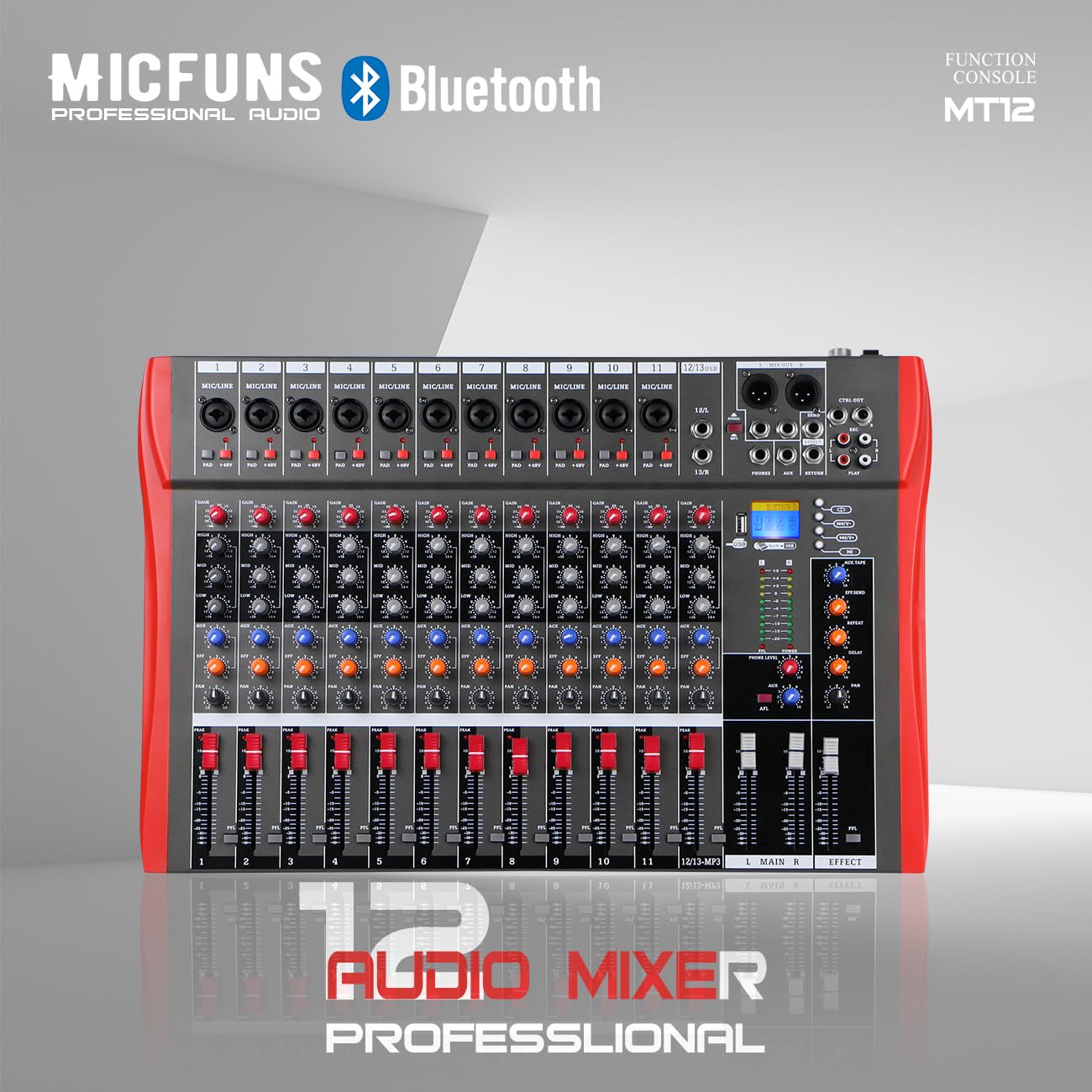 Studio Live Mixer 12 canali, console DJ professionale, suono stereo, Bluetooth, per registrazione computer, riproduzione, amplificatore mixer audio digitale USB con alimentazione phantom