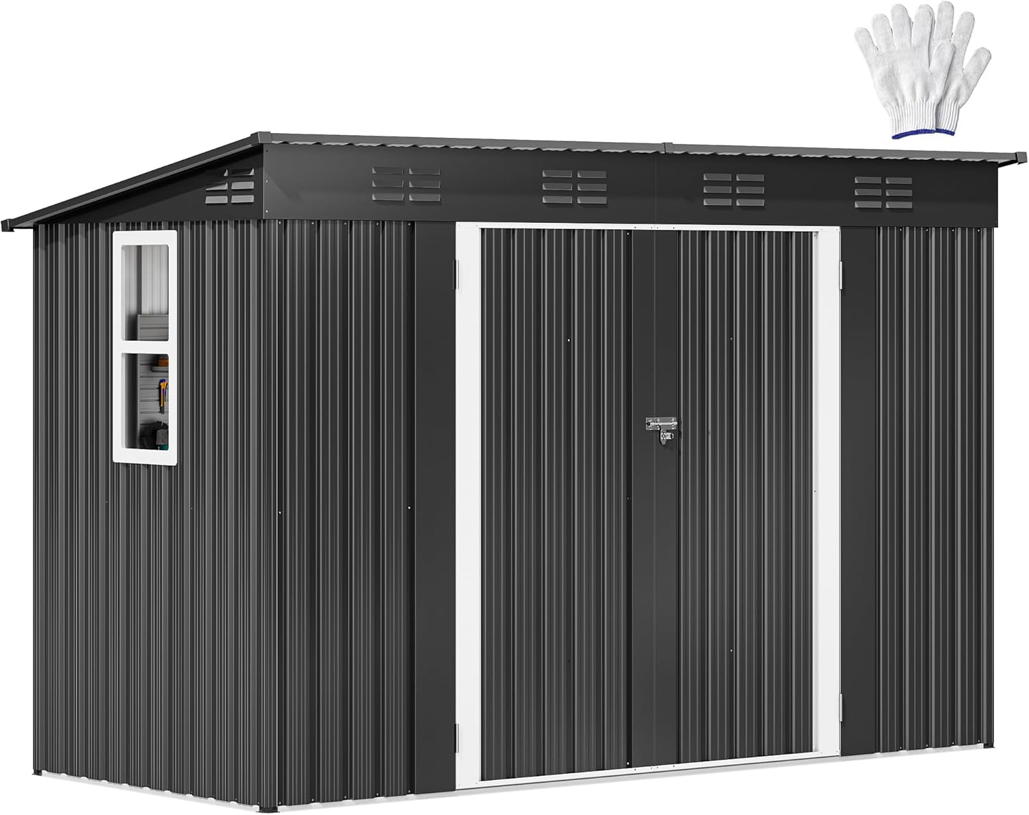 DWVO 9x4ft Large Tool Storage Shed with Window, Lockable Doors, and Sloped Roof, Oversized Steel Outdoor Storage Shed for Garden, Patio, Garage, Backyard, Lawn - Dark Gray
