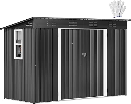 DWVO 9x4ft Large Tool Storage Shed with Window, Lockable Doors, and Sloped Roof, Oversized Steel Outdoor Storage Shed for Garden, Patio, Garage, Backyard, Lawn - Dark Gray