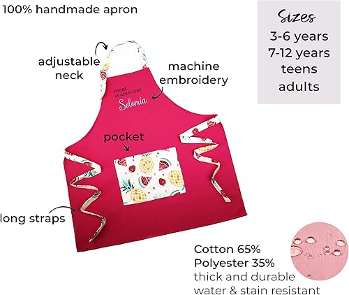 Miniatura 6 de Delantal para niños, bordado personalizado, con nombre, ajustable, algodón, con bolsillos, para cocinar