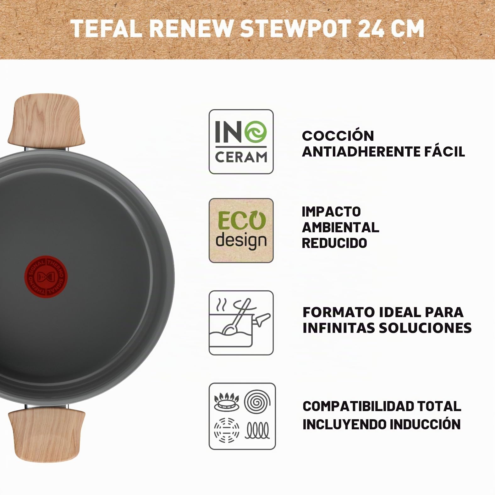 Tefal Renew - Cacerola (24 cm, revestimiento antiadherente cerámico, ecológico, reciclado, cocina saludable, termo-Signal, utensilio seguro, fabricado en Francia, todos los fuegos, incluida inducción