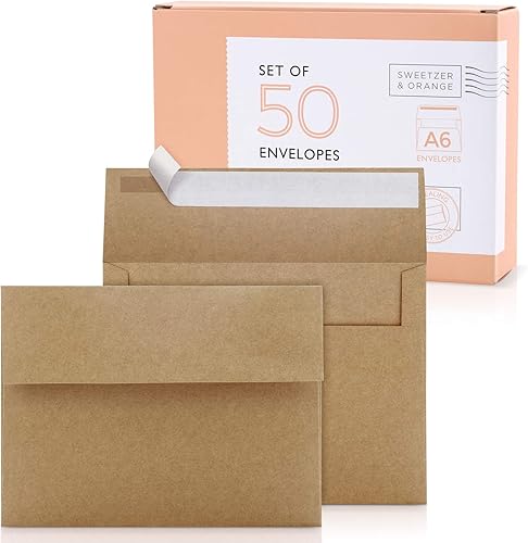 Miniatura 1 de Sweetzer  Orange Sobres A6 para tarjetas de 4 x 6 pulgadas 50 con caja Sobres marrones autosellados Sobres de lujo de 529ozm para sobres de tarjetas