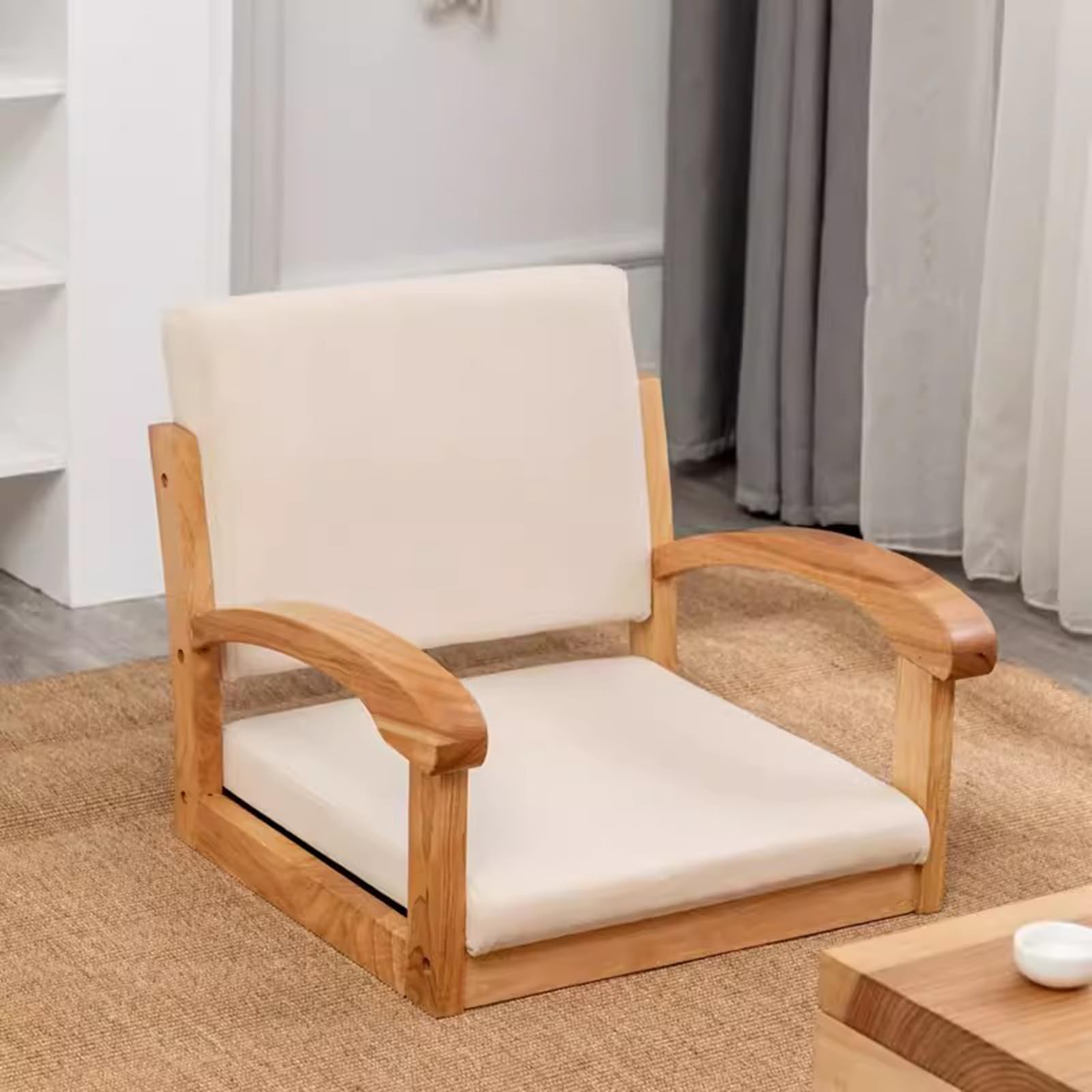 Silla de Suelo de Madera con reposabrazos y Respaldo para meditación, Silla Japonesa portátil sin Patas, sofá Relajante para meditar y Leer Junto al ventanal.