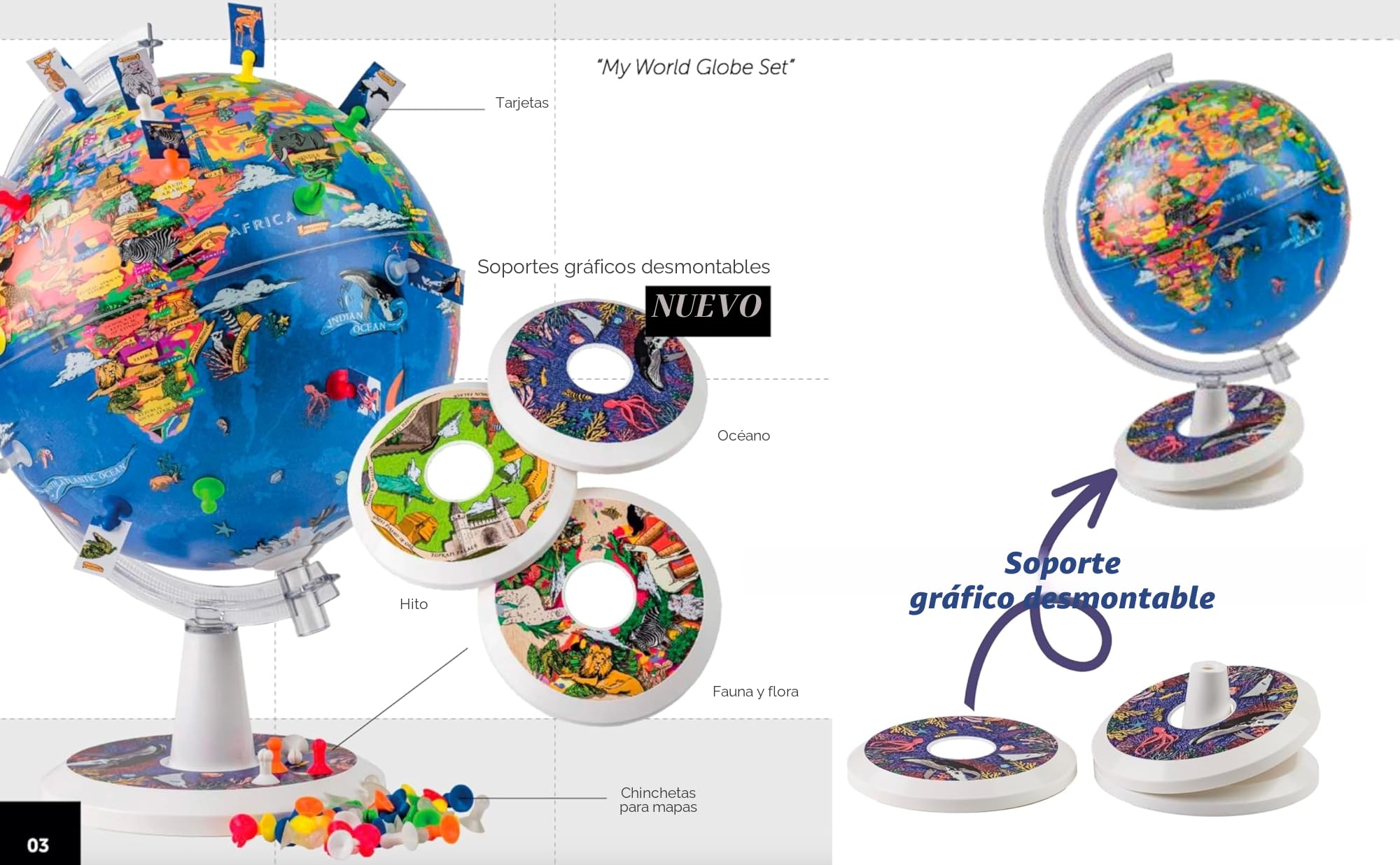 Globo terráqueo de 26 cm. "Mi mundo" Pantalla gráfica + Pasadores de succión de seguridad + Tarjetas con pines + Soportes gráficos desmontables