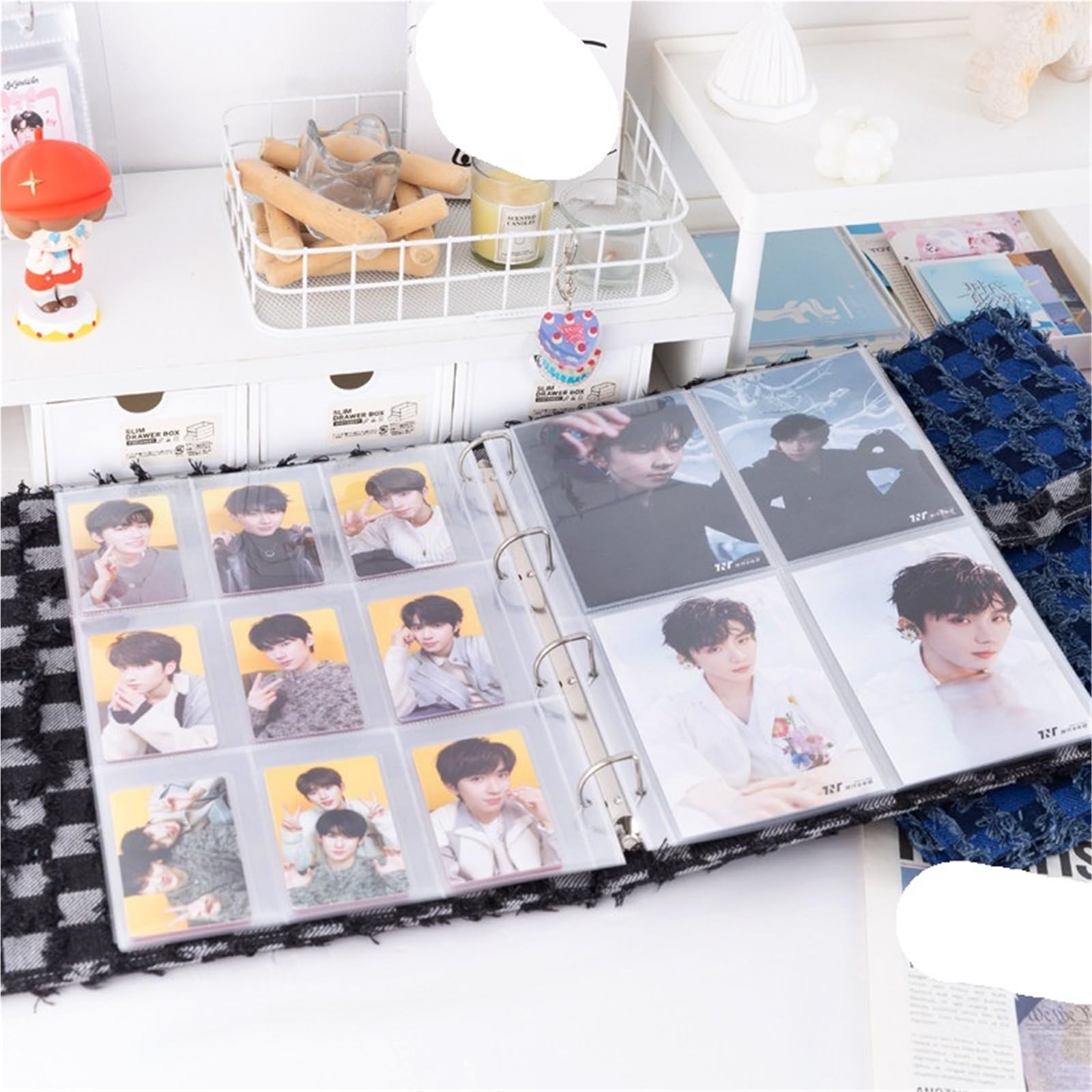 Album Fotografico A4 Denim Checkerboard Binder 9-Pocket Card Holder Idol Photo Cards, 6" Photos, Postcards(A4 f)