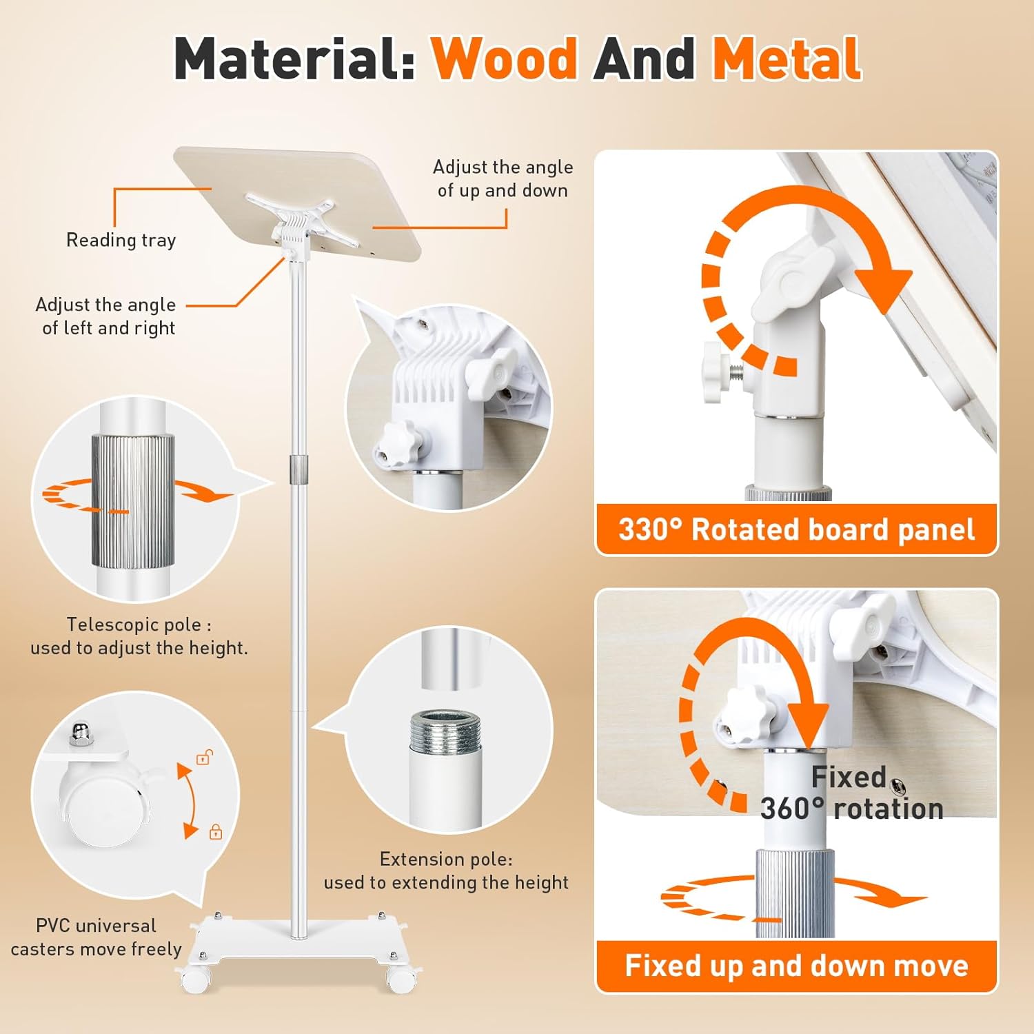 Rolling Book Stand with Wheels for Reading, Floor Standing Book Holder with Page Clips, 19"–51" Height Adjustable, Sturdy Podium Stand for Reading, Bible, Laptop, Cookbooks, or Projector