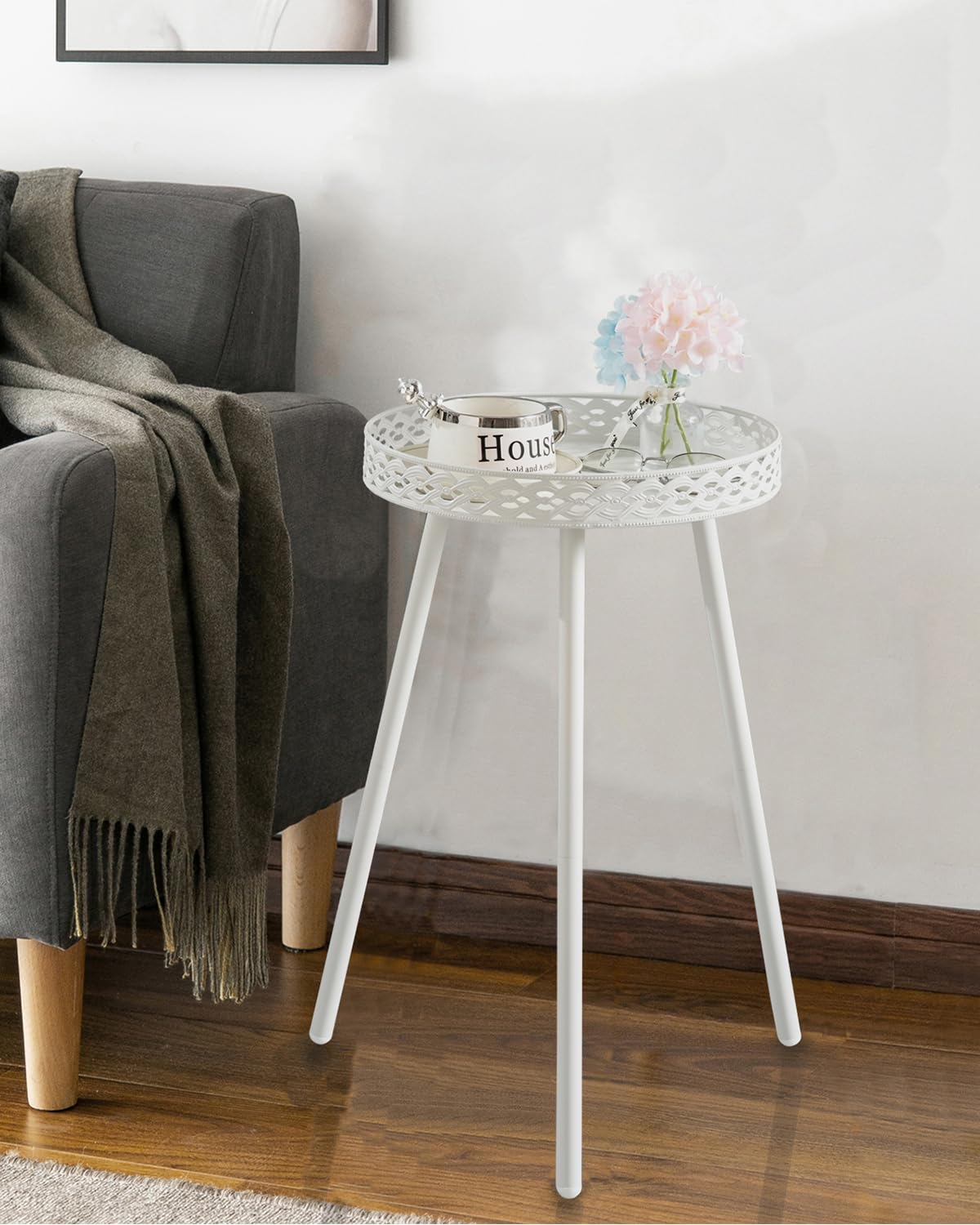 OhuaCason Side Table for Living Room Small Round End Table for Women - White