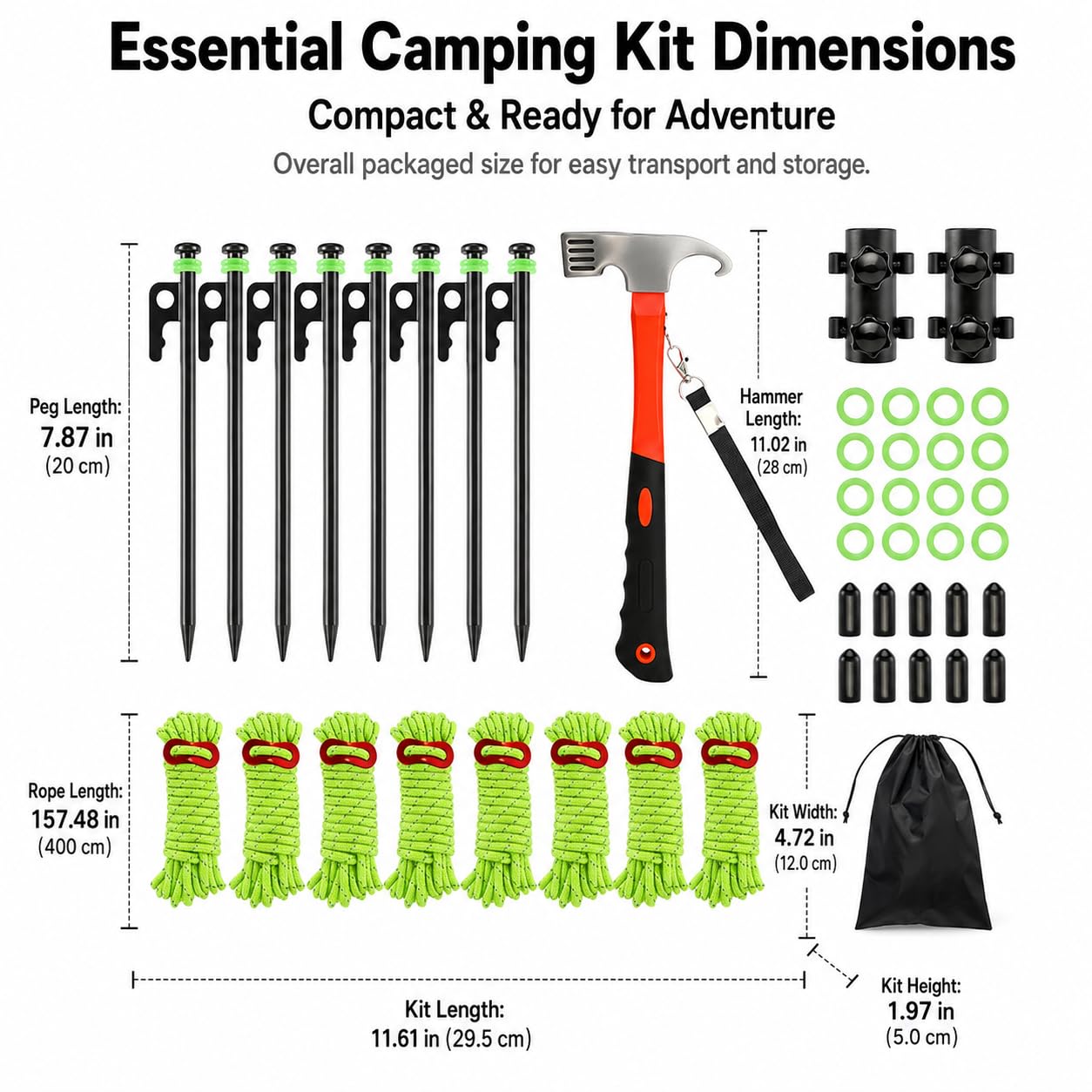 Robustes 21-teiliges Zeltzubehör-Set mit 20 cm Erdnägeln aus hochfestem Metall, windfest für Camping & Outdoor, reflektierende Abspannseile