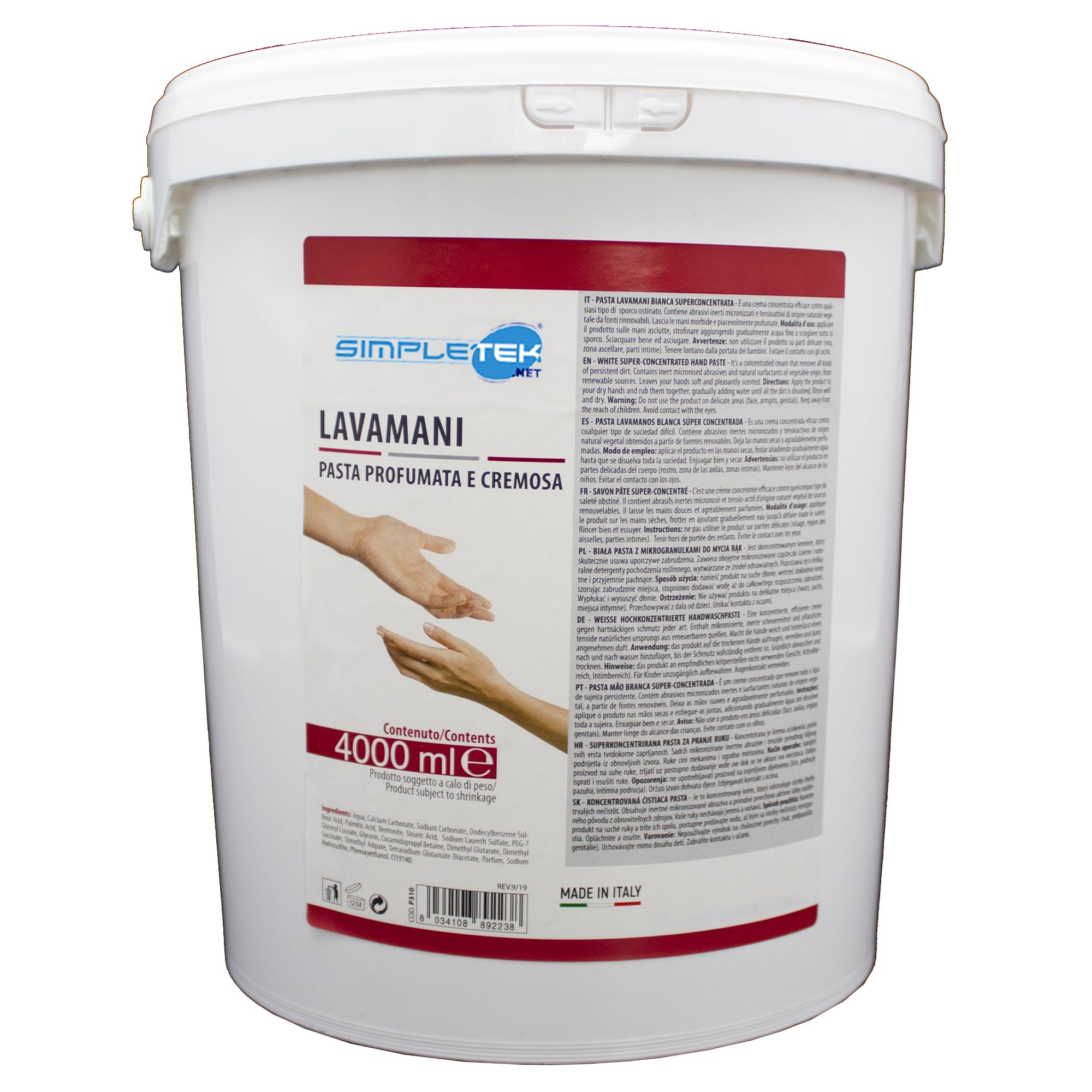 SIMPLETEK - Pasta lavamani cremosa sapone disinfettante 4L 4 litri detergente profumata P310