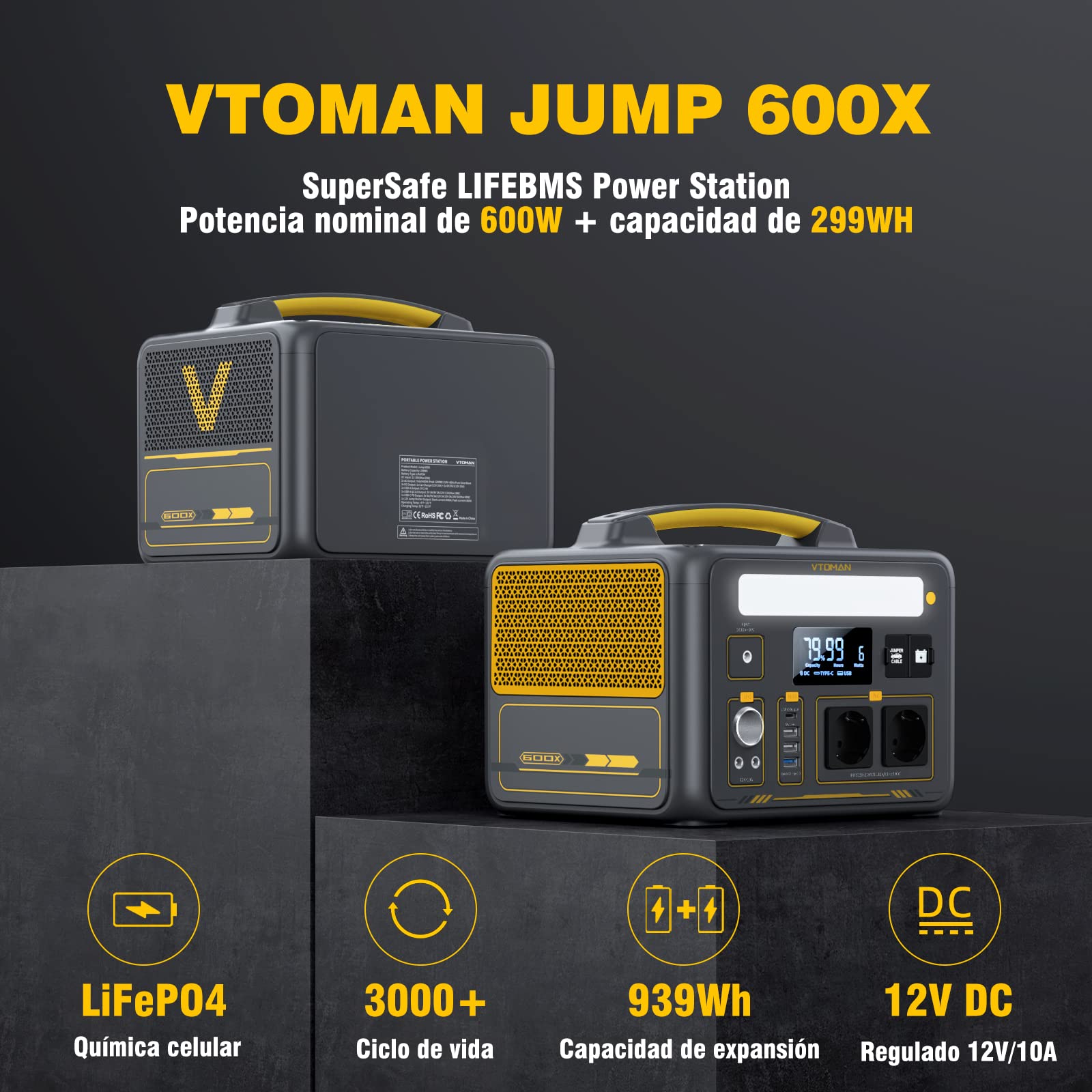 VTOMAN Jump 600X Estación de Energía Portátil, 600W/299Wh | Generador Solar, LiFePO4 Batería, 2 Salidas CC Ajustar de 12V/10A, Capacidad Ampliable a 939Wh, Acampada, Autocaravana, Pesca