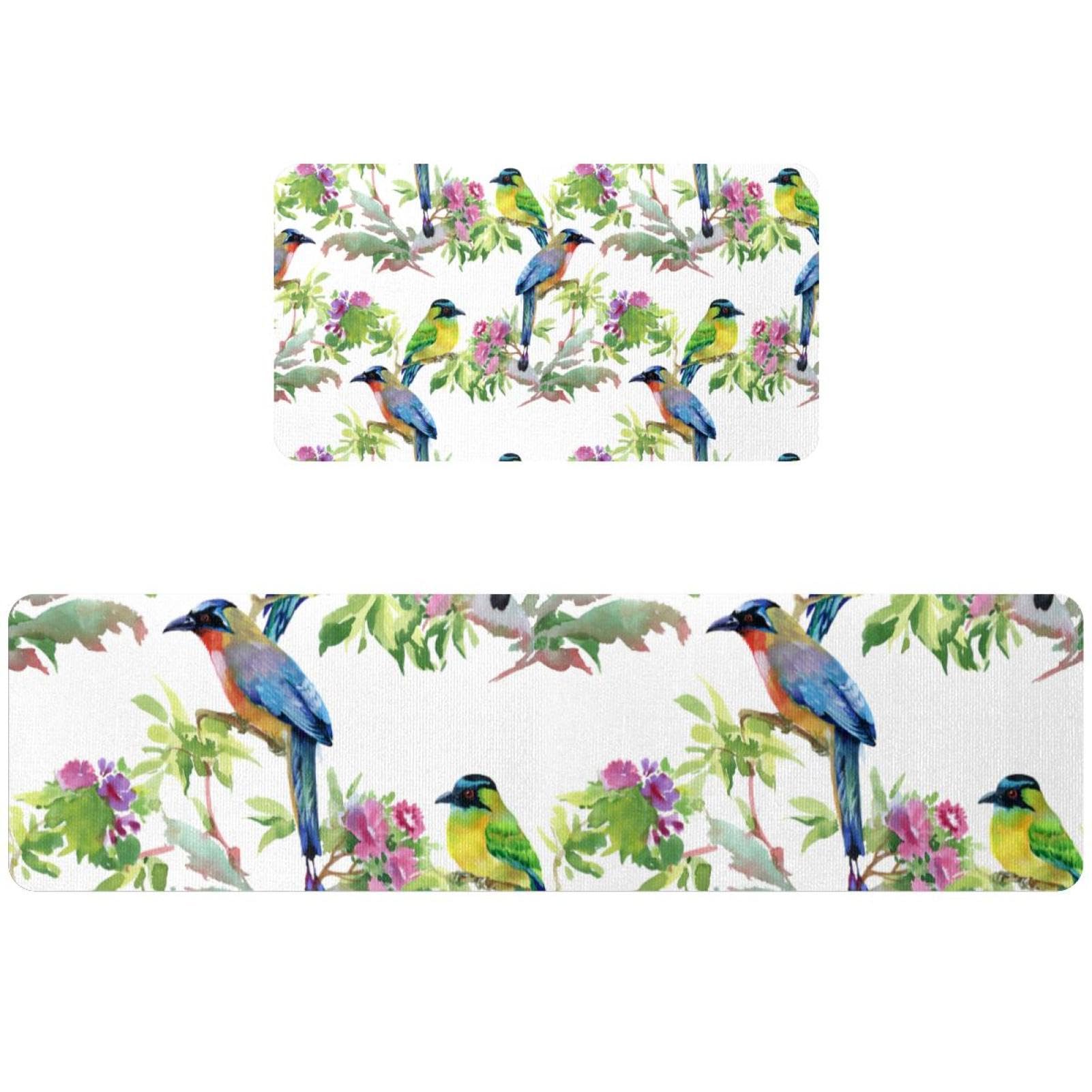 Tapis de cuisine motif oiseaux colorés branches fleurs pour égayer votre couloir et buanderie