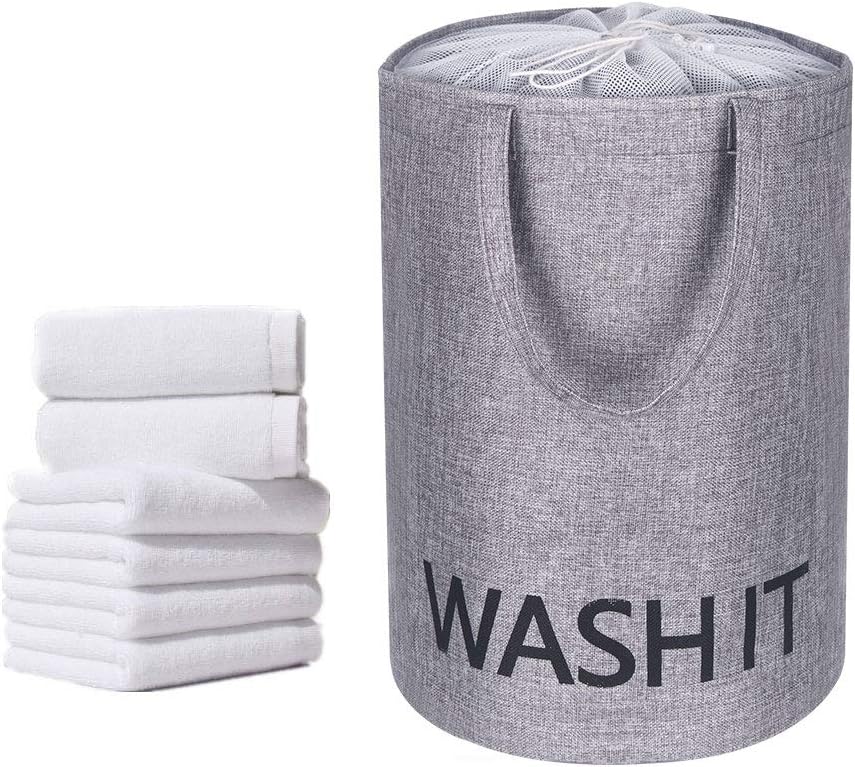 Zeroomade Laundry Basket Clothes Hamper Collapsible Cotton Linen Thickened Elastic Coating Durable Dirty Clothes Large Storage Laundry Bag Organizer Round (Grey M)