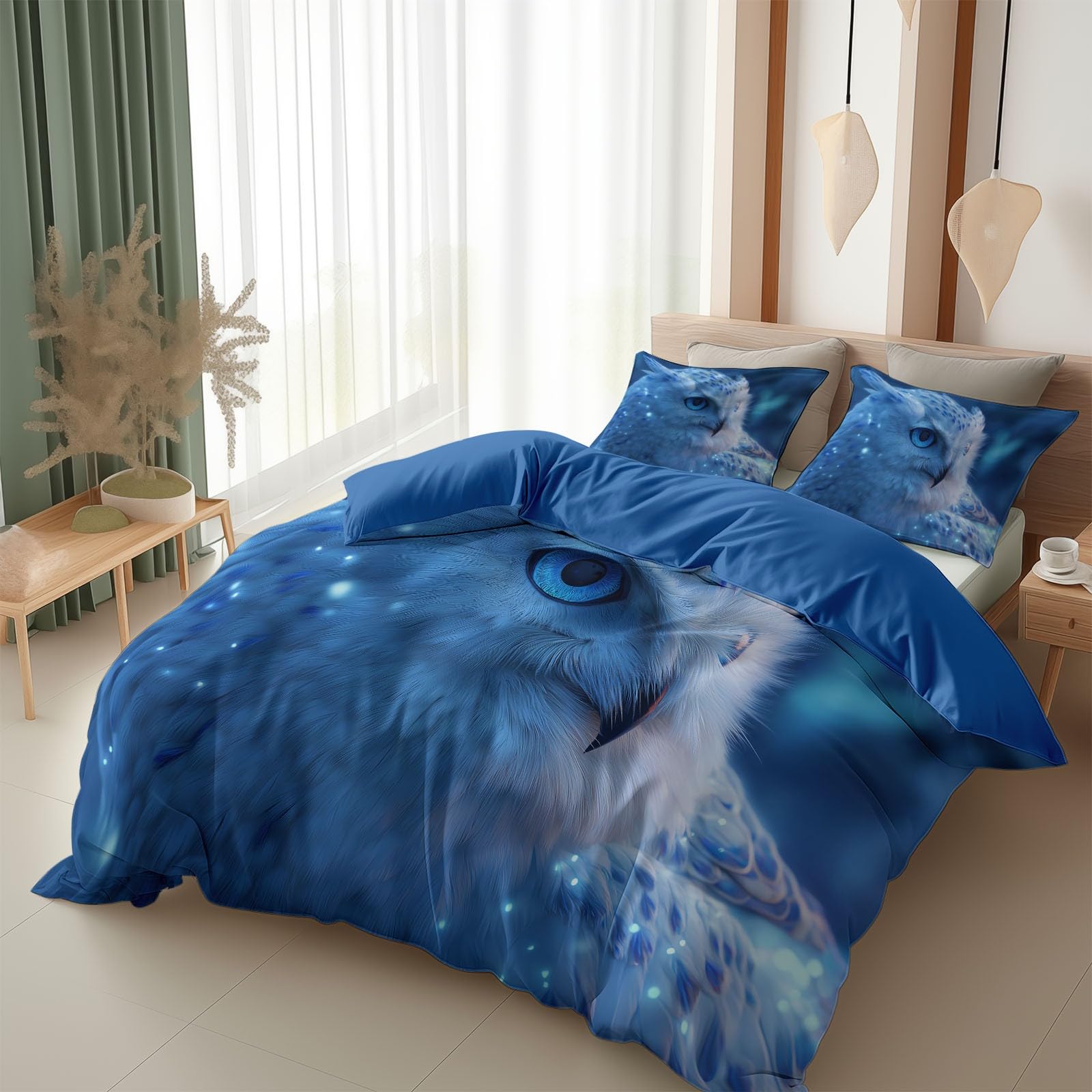 Housse de couette 200x200 bleu chouette parure de lit 2 personnes