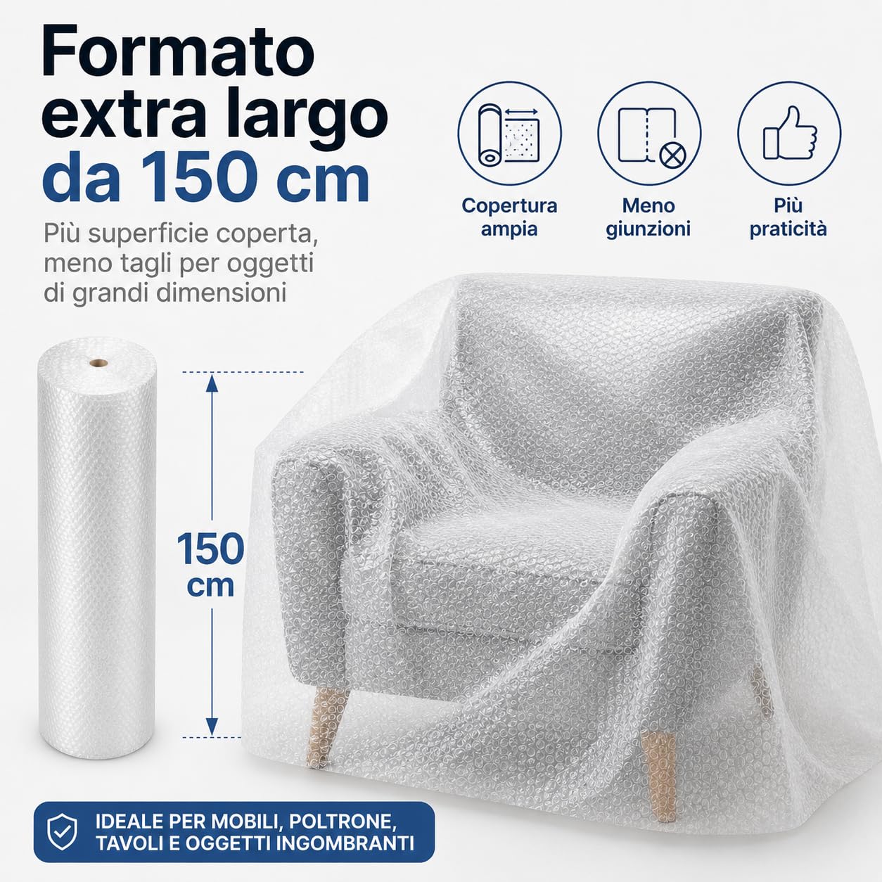 All4All Pluriball per Imballaggio 150 cm x 50 m, 75 m², Spessore 50 µm, Rotolo Extra Largo, Protezione Antiurto per Traslochi, Mobili e Oggetti Fragili