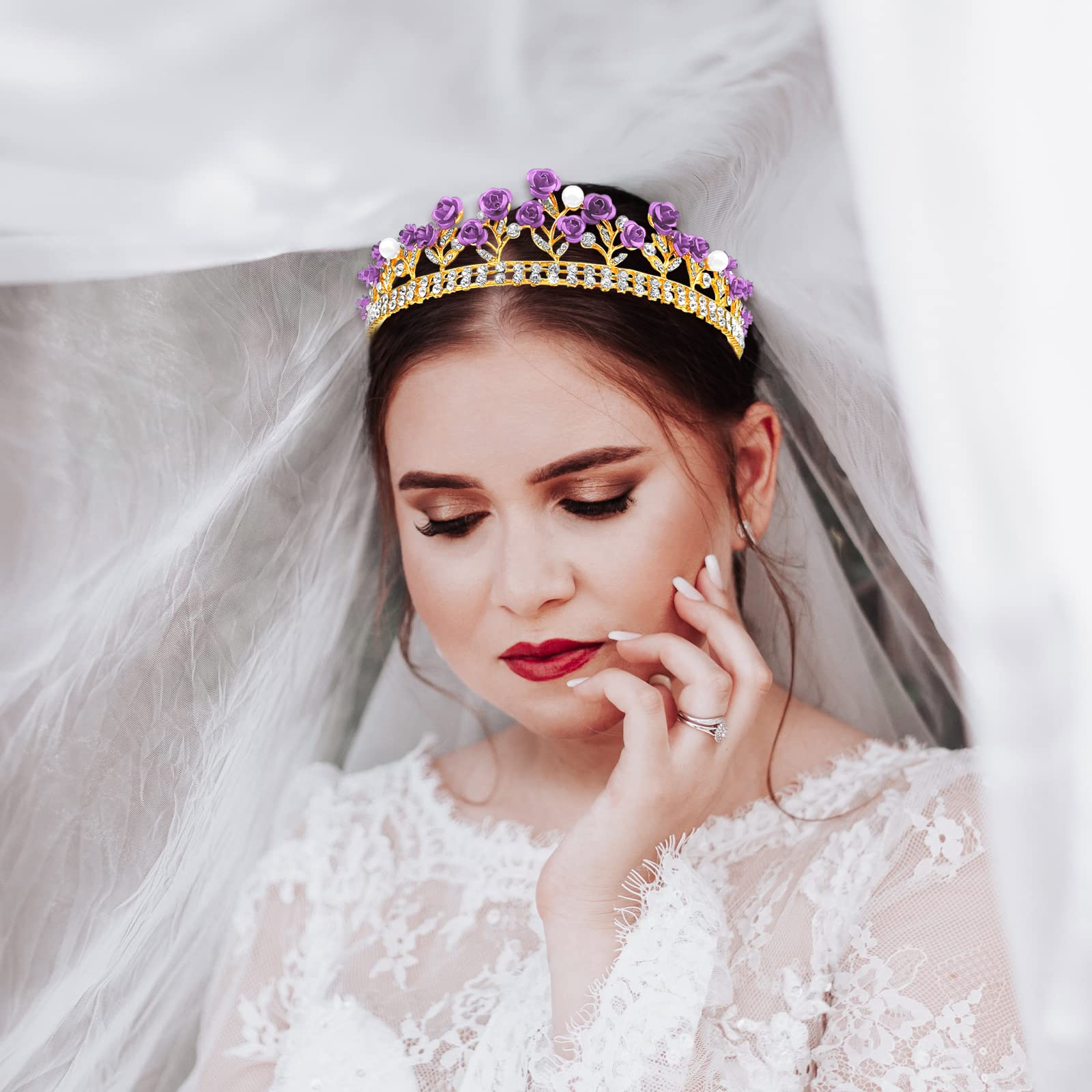 Purple & Rose Gold Crown Lavender Moon Floral Goddess Crown Bridal Headpiece Purple  main image 3