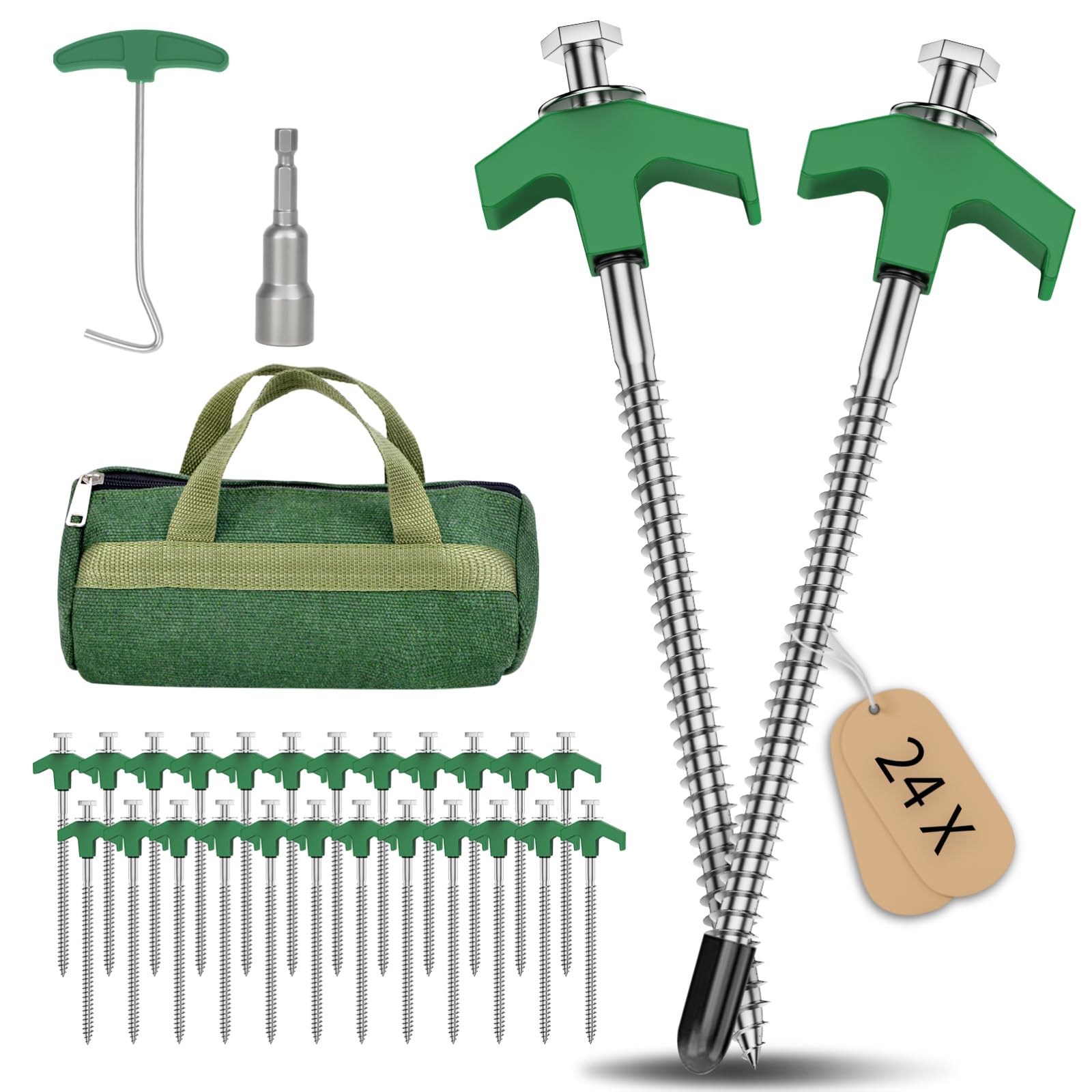 FTJKGH Zeltheringe 20cm, 24 x Heringe Zelt mit Gewinde, Robuste Heringe ErdnäGel Stabil, Schraubheringe Camping mit Schutzkappe und Nagelzieher für Harten Boden, Gras, Strand, Wald, Wiesen, Grün Sport & Freizeit