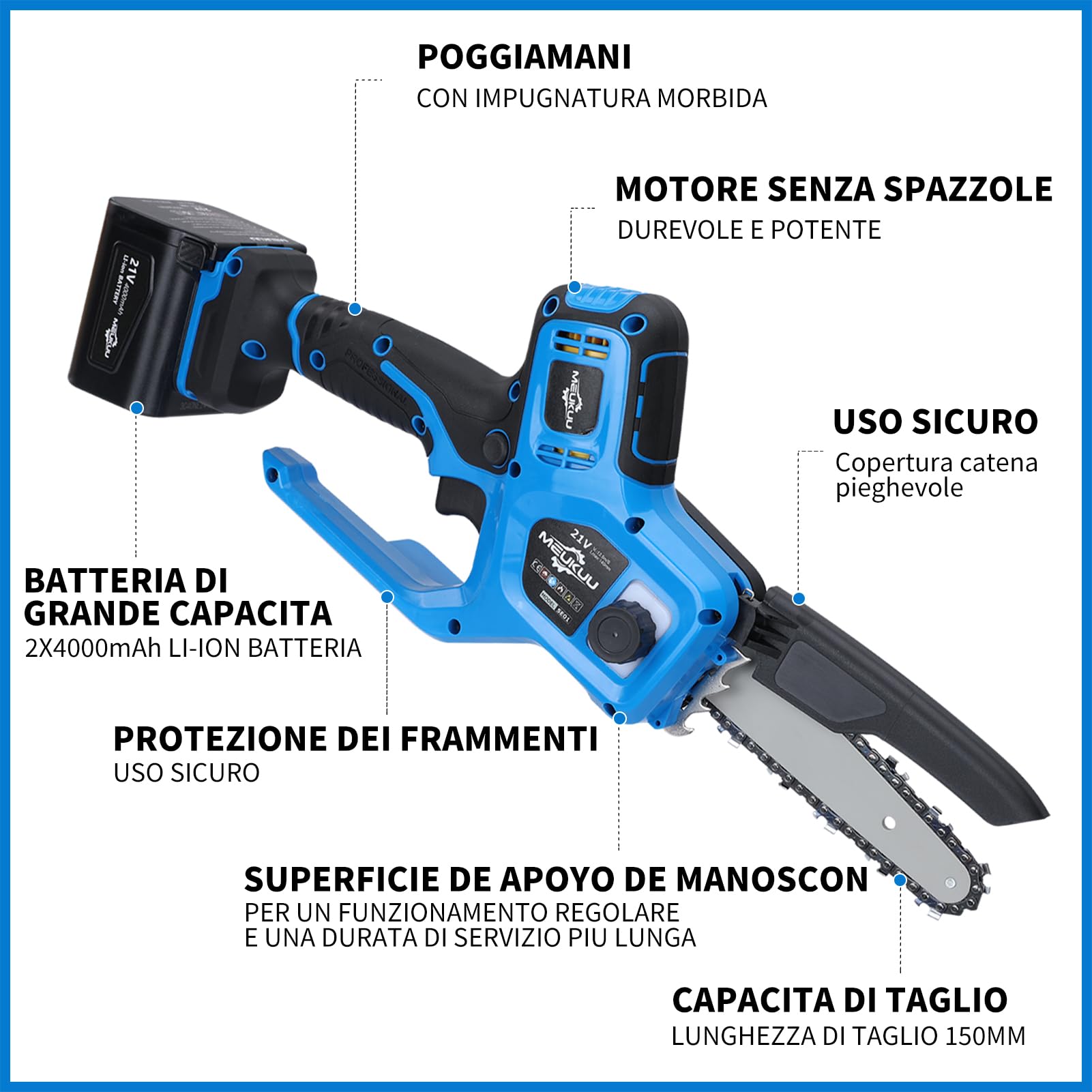 Mini motosierra a batería para poda con 4000 mAh baterías y cargador rápido, sierra con bomba de aceite y bloqueo de seguridad para el corte de madera y jardines (azul)