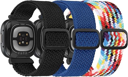 ShuYo Braided Stretchy Solo Loop Bands Compatible With Fitbit Versa 3/Versa 4/Sense 2/Sense for Women Men Nylon Elastic Straps Wristbands for Fitbit Versa 3/4(3 Pack)