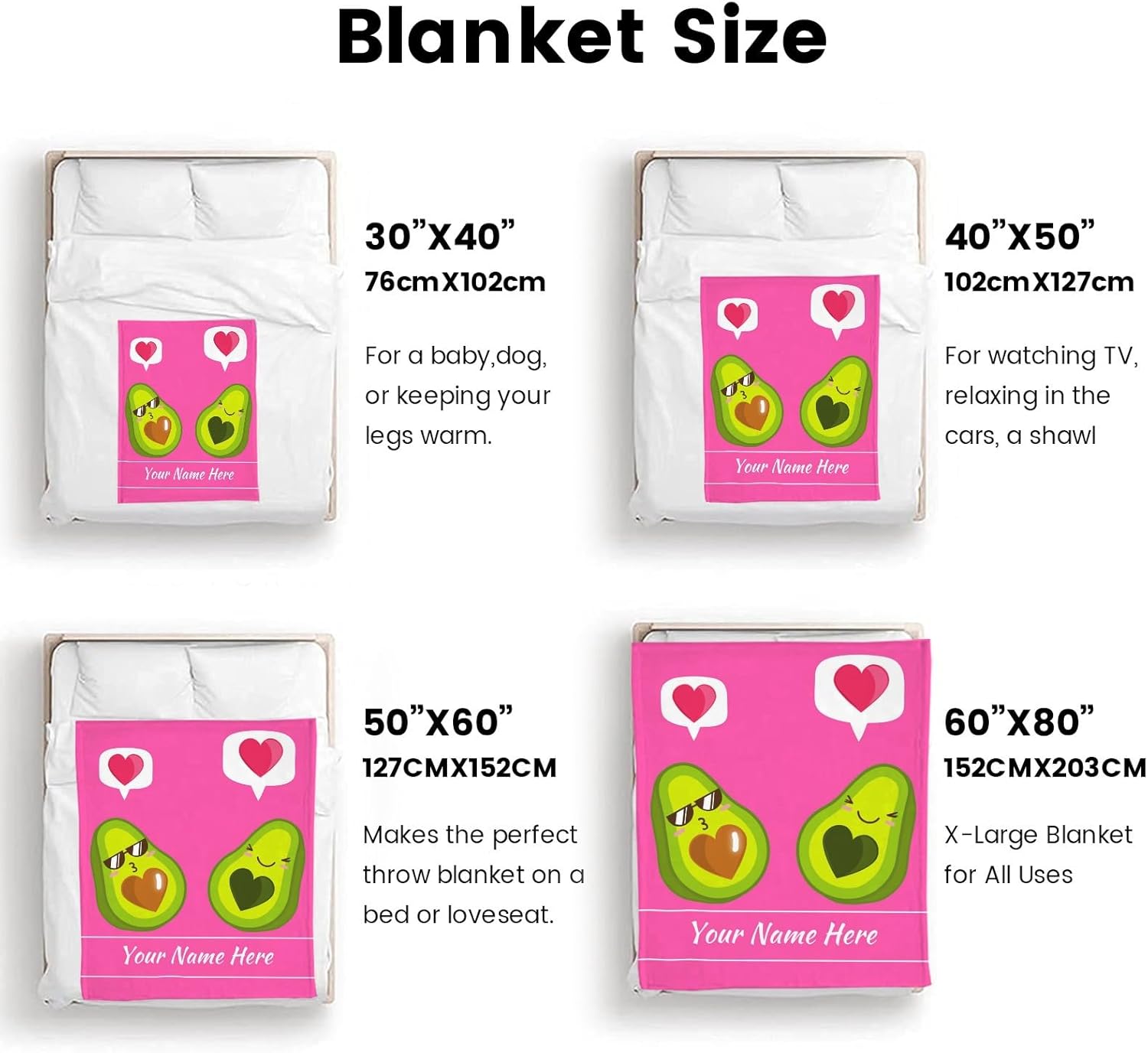 Personalized Avocado Blanket with Name, Custom Throw Blanket for Kids Girls, Fuzzy Soft Blanket Microfiber, 50"" x 60""