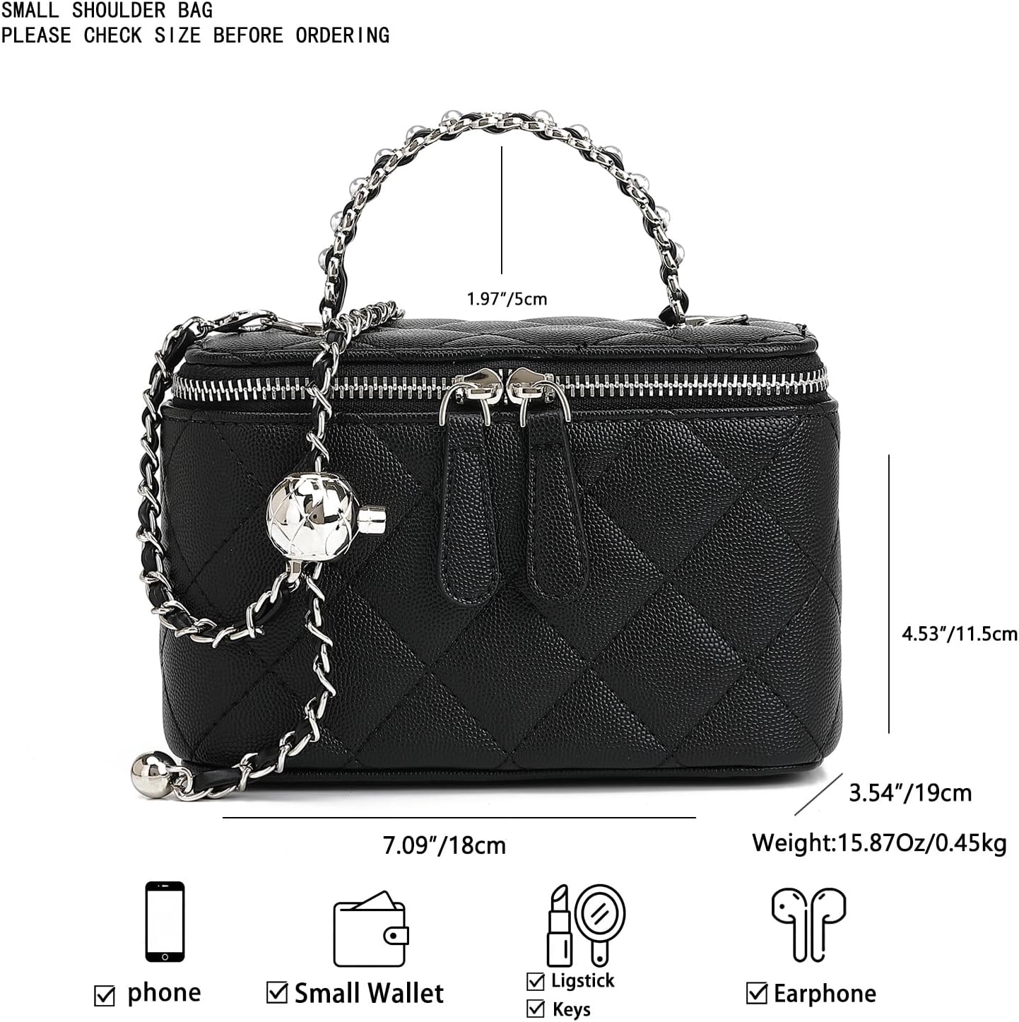 Quilted Vanity Bag for Women, Mini Box Crossbody Purse with Pearl Chain Top Handle, Designer-Inspired Trunk Bag