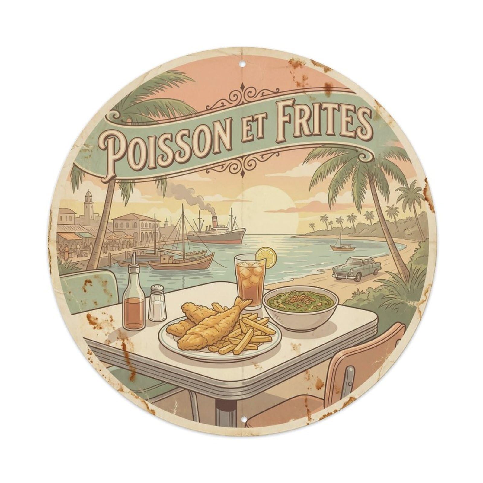 Fish And Chips Seafood Classic Diner Cameroon Culture Metal Tin Sign