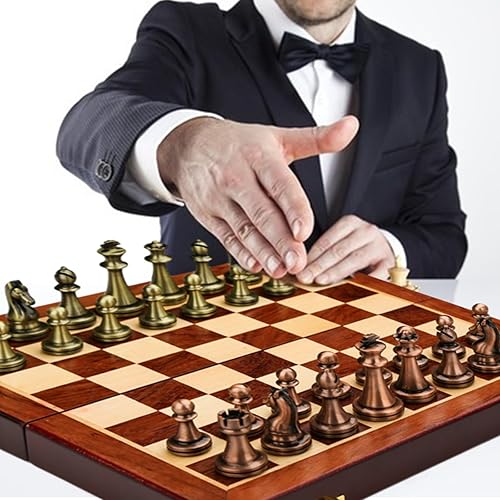 Miniatura 8 de Juego de ajedrez de metal retro de 12 pulgadas para adultos y niños, tablero de ajedrez de madera con piezas de ajedrez de metal, juego de ajedrez