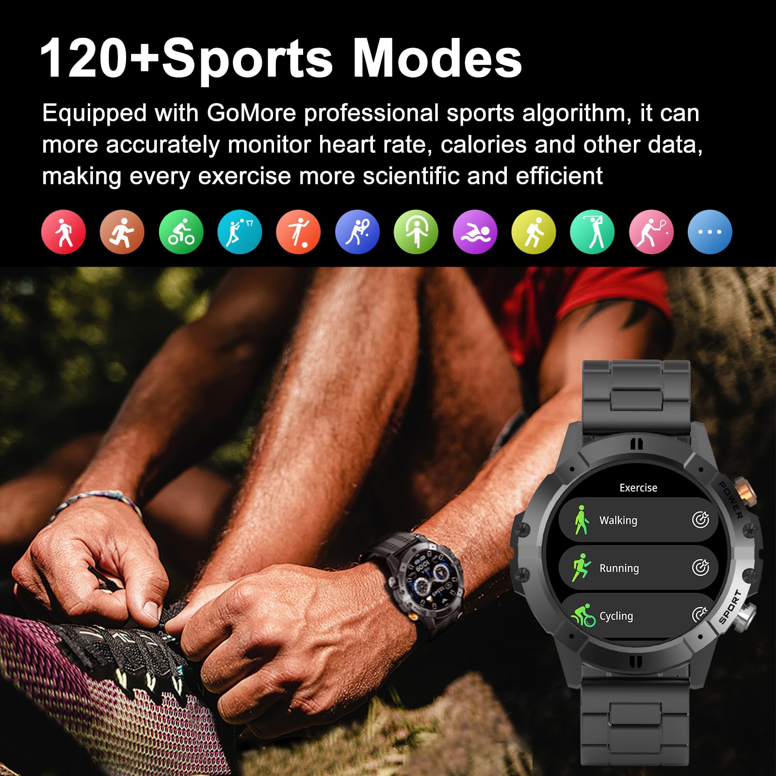 Military orologio Smartwatch Uomo con Effettua/Risponde Chiamate , 1.52" rotondo Fitness Tracker con 120+ Modalità Sport,Ai,1ATM,Notifiche WhatsApp,smart watch con cinturino in metallo per iOS Android