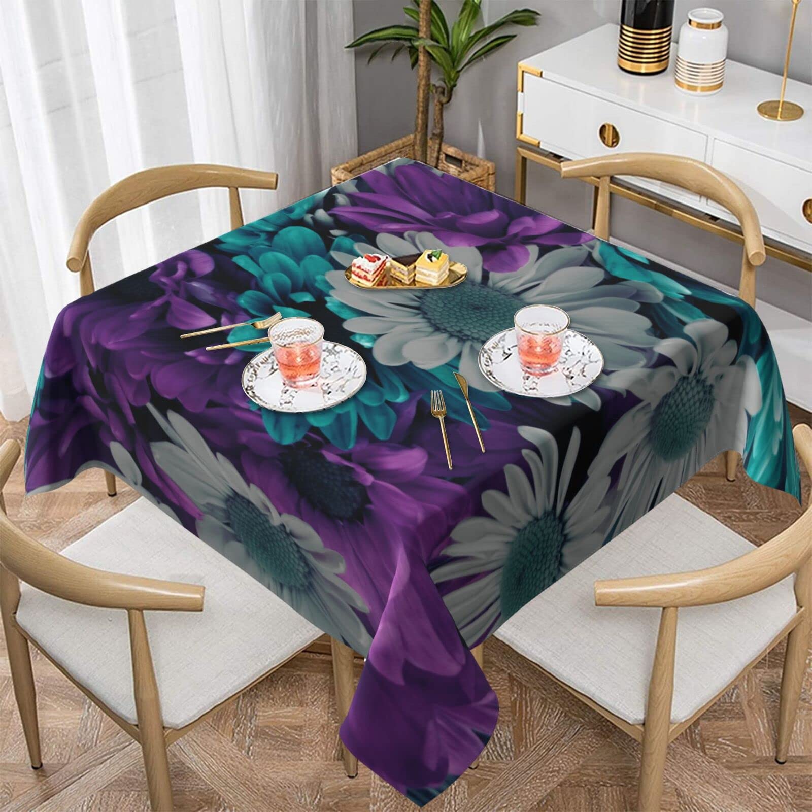 Nappe carrée fleurs violettes bleu sarcelle table cuisine et salle à manger