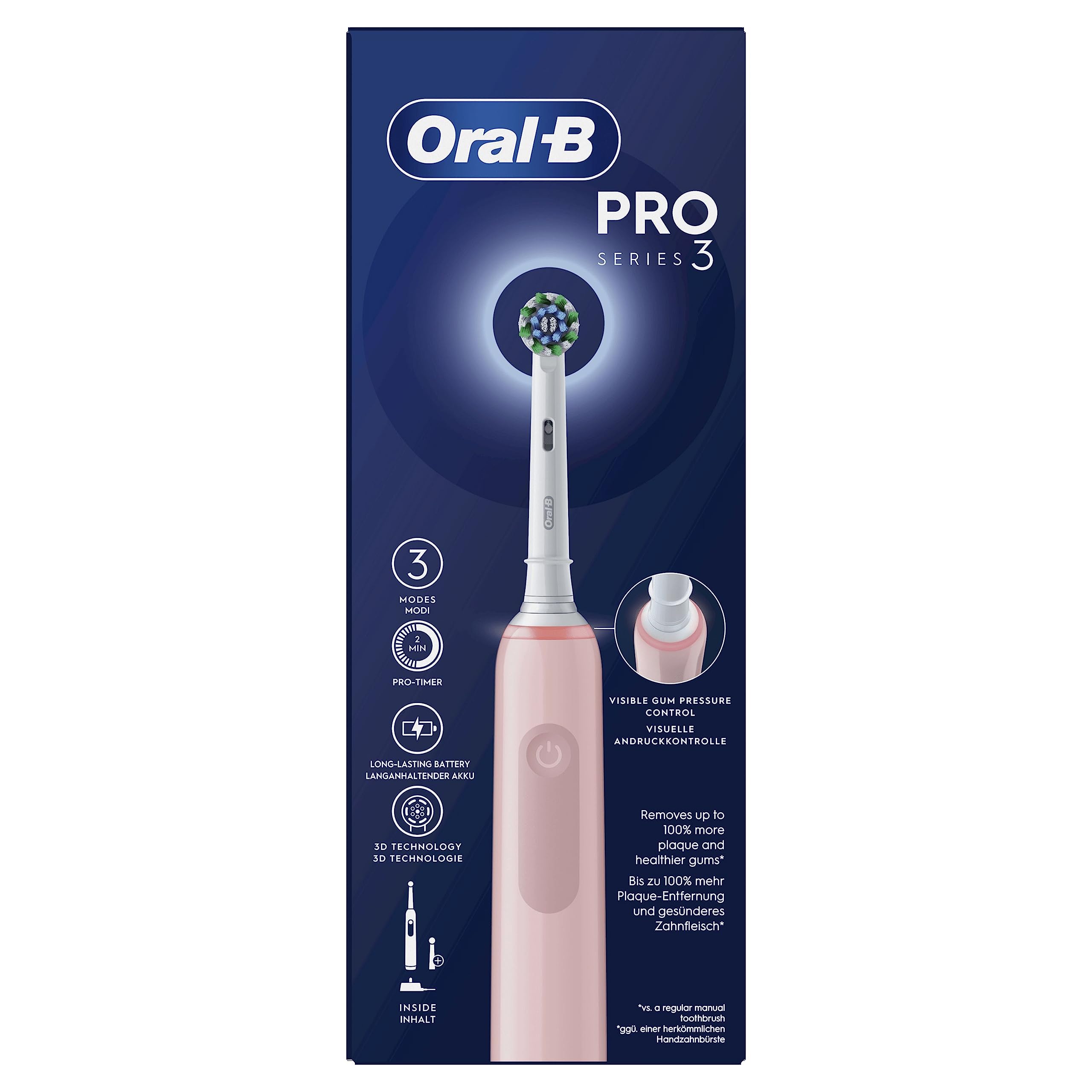 Oral-B Spazzolino Elettrico Ricaricabile Pro Series 3, Sensore di Pressione Luminoso, Batteria a Lunga Durata, 2 Testine, 1 Spazzolino Elettrico, 1 Custodia Viaggio, Rosa, Idea Regalo