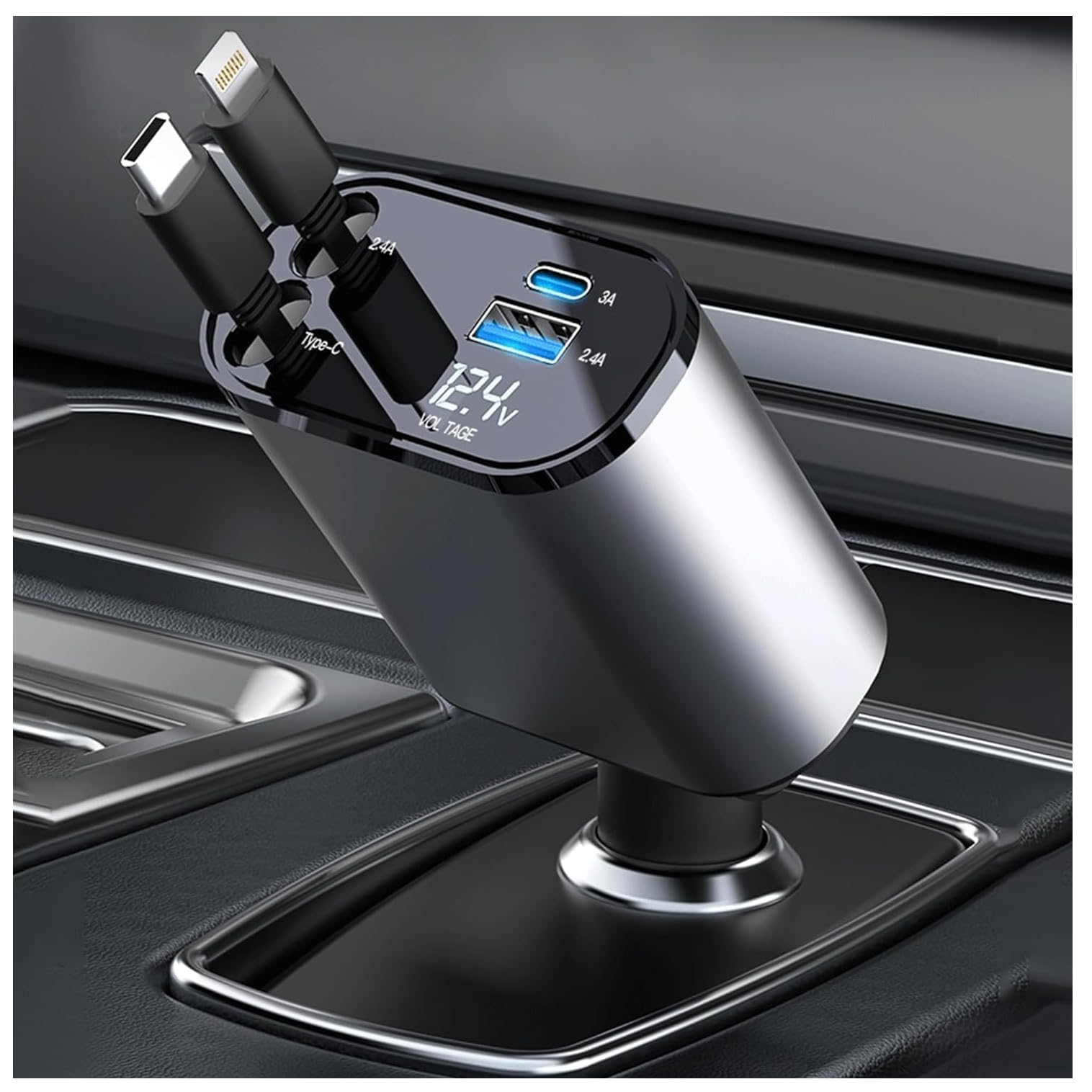 4 in 1 Car Charger 120W with Retractable Cables, USB-C and USB-A Ports, Type-C and Lightning Connectors, Voltage Display-image-32
