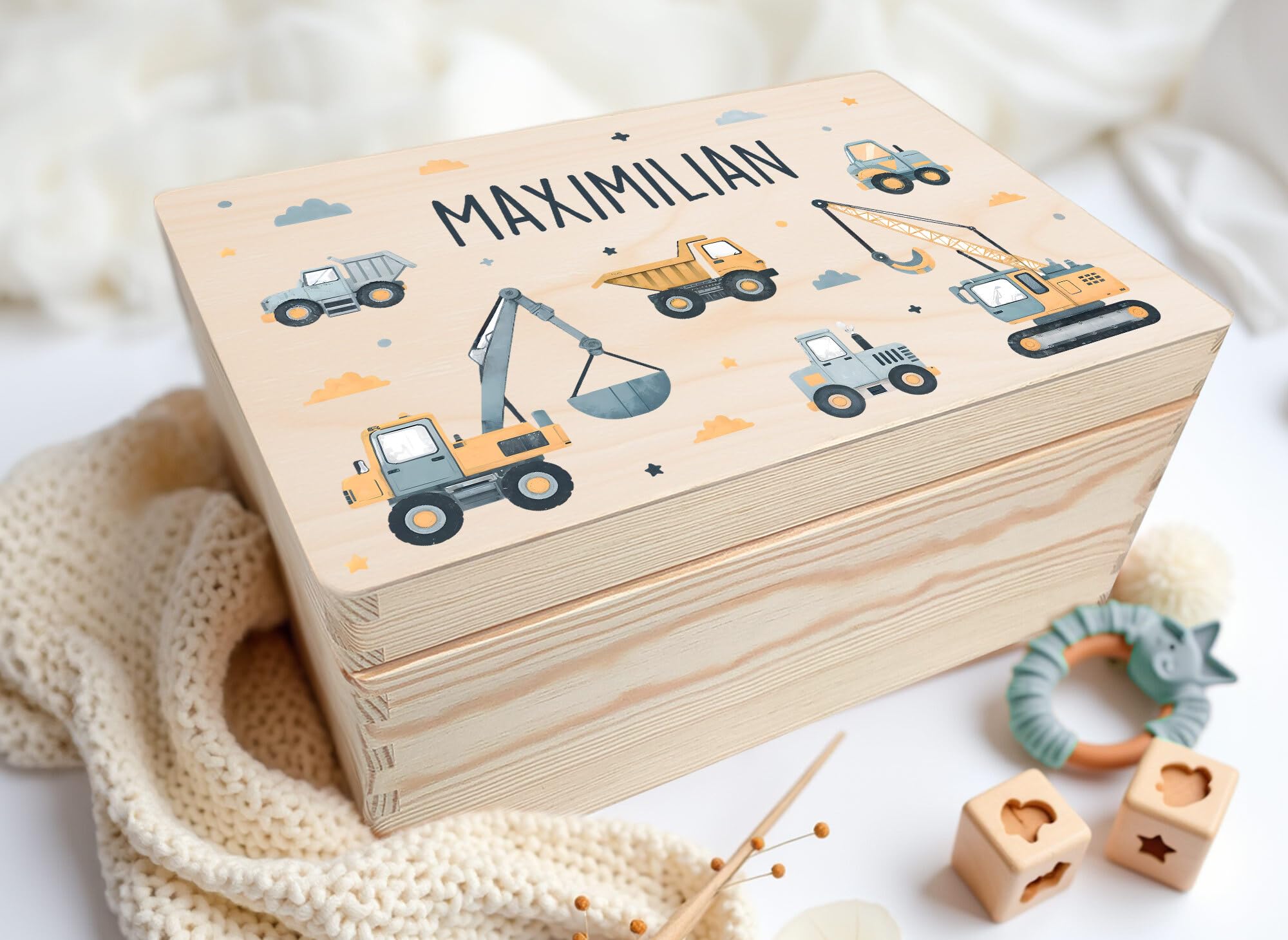 Little Deco Personalisierte Erinnerungsbox Baby Erinnerungskiste mit Bagger | L - 40 x 30 x 22 cm | Geschenk zur Geburt, Taufe & Geburtstag für Jungen Holzkiste mit Namen XHL1024-02