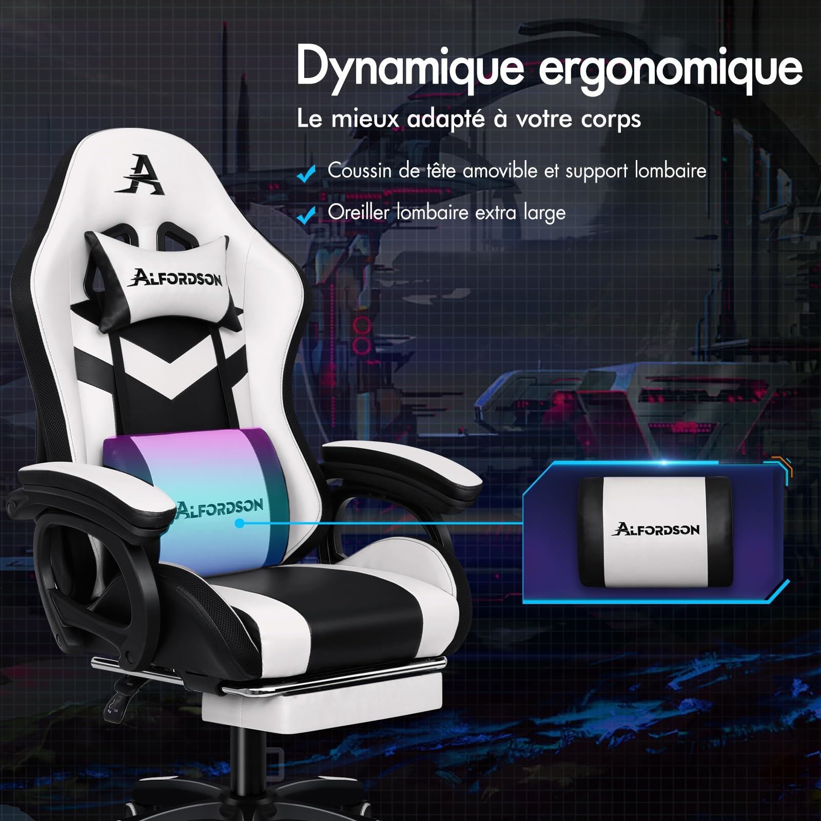 ALFORDSON Chaise de jeu LED Racing avec éclairage RVB 12 couleurs, chaise de massage avec support lombaire et repose-pieds, en polyuréthane, blanc