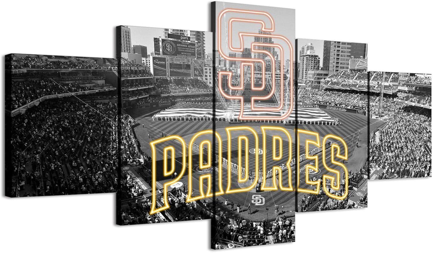 San Diego Baseball Stadium B&W Panoramic Poster With Neon effect Padres Sign (5-Panel Framed Canvas Printing Full Size: 60x100cm) Home Decor Man Cave Wall Art