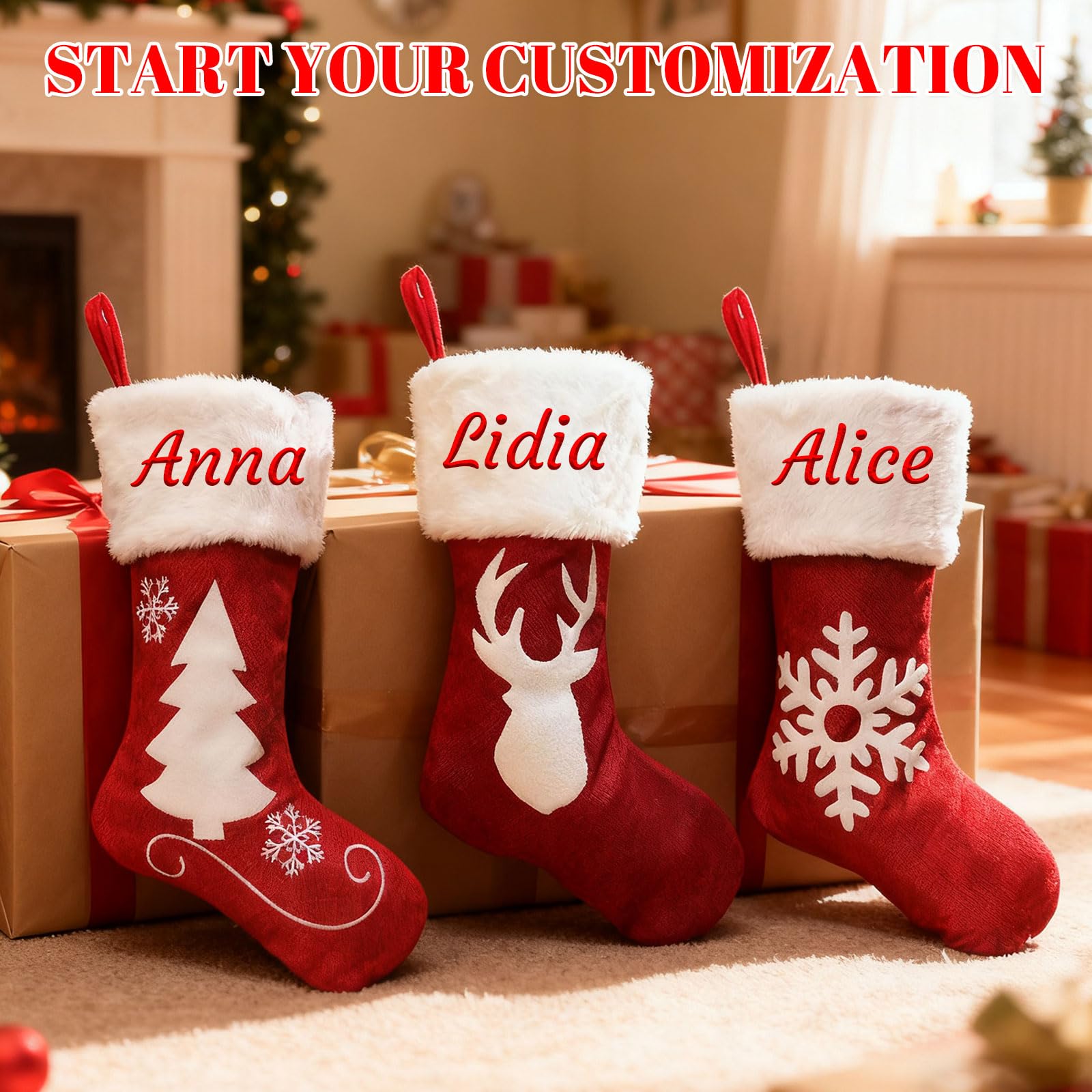 Generisch 4 PCS Personalisiert Weihnachtsstrumpf, Namensstickerei, 44 cm | Roter Samtstoff Nikolausstrumpf mit Weihnachtsmann, Schneemann & Pinguin, Familien-Weihnachtsdeko, 17 Zoll