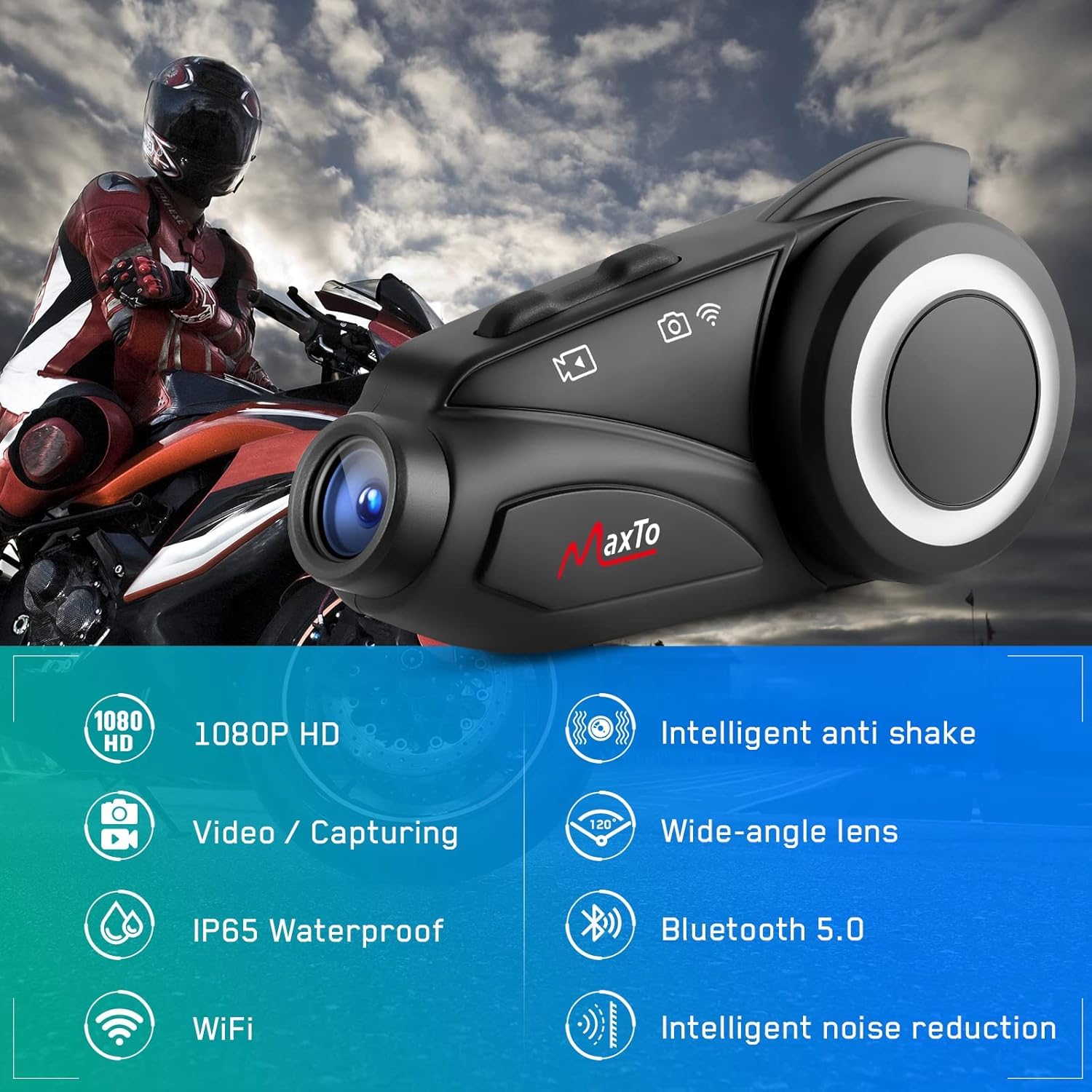 Moto Bluetooth Intercom MAXTO M3 moto Casco auricolare e fotocamera Kit sistema di comunicazione 1000M 6 Piloti interfono Wireless Interphone (Siri Google Assistant/Impermeabile/GPS/TF Max 128G)