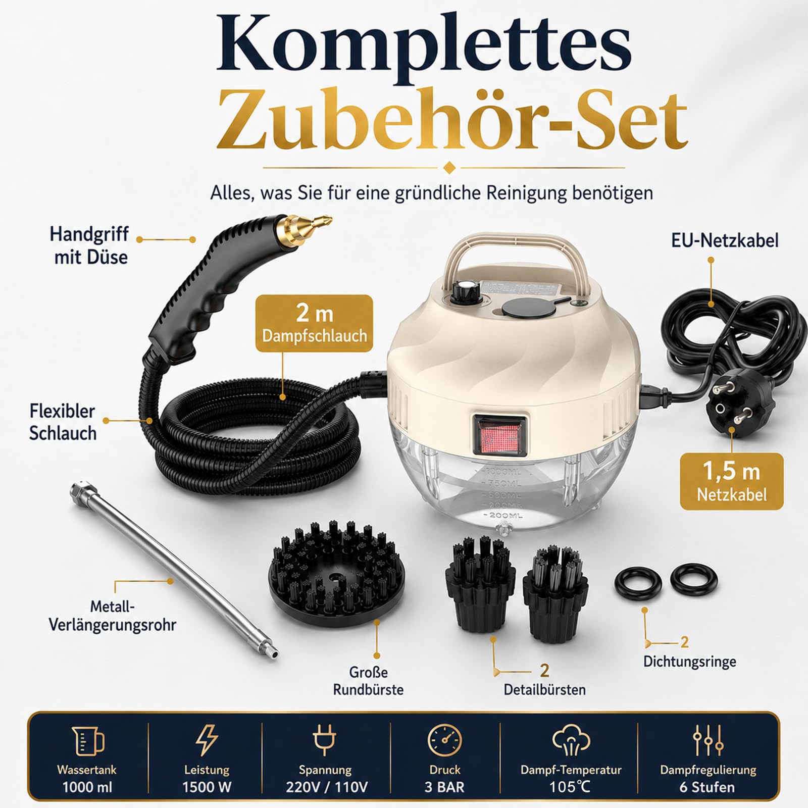 Dampfreiniger Handgerät, 15 Sekunden Aufheizzeit, 1L Wassertank, 1500W & 6 Geschwindigkeitsstufen, Steam Cleaner für Alles, Tragbarer Handdampfreiniger für Boden, Küche, Fenstern,Badezimmern, Auto