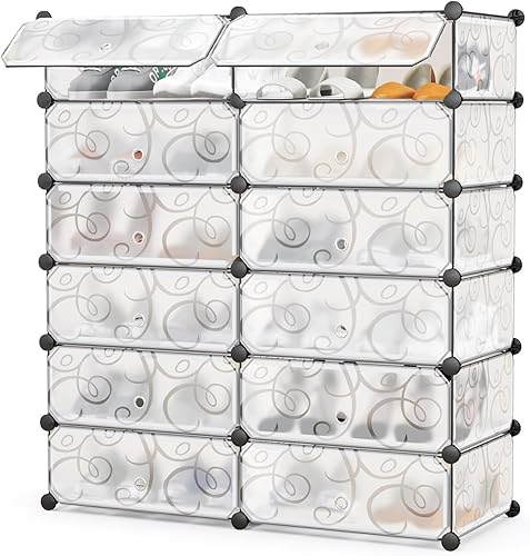 COSTWAY Shoe Rack Organizer, 6 Tier Shoe Shelves with Covers, DIY Design, 24-Pair Stackable Cube Organizer Boxes, Freestanding Shoe Cabinet for