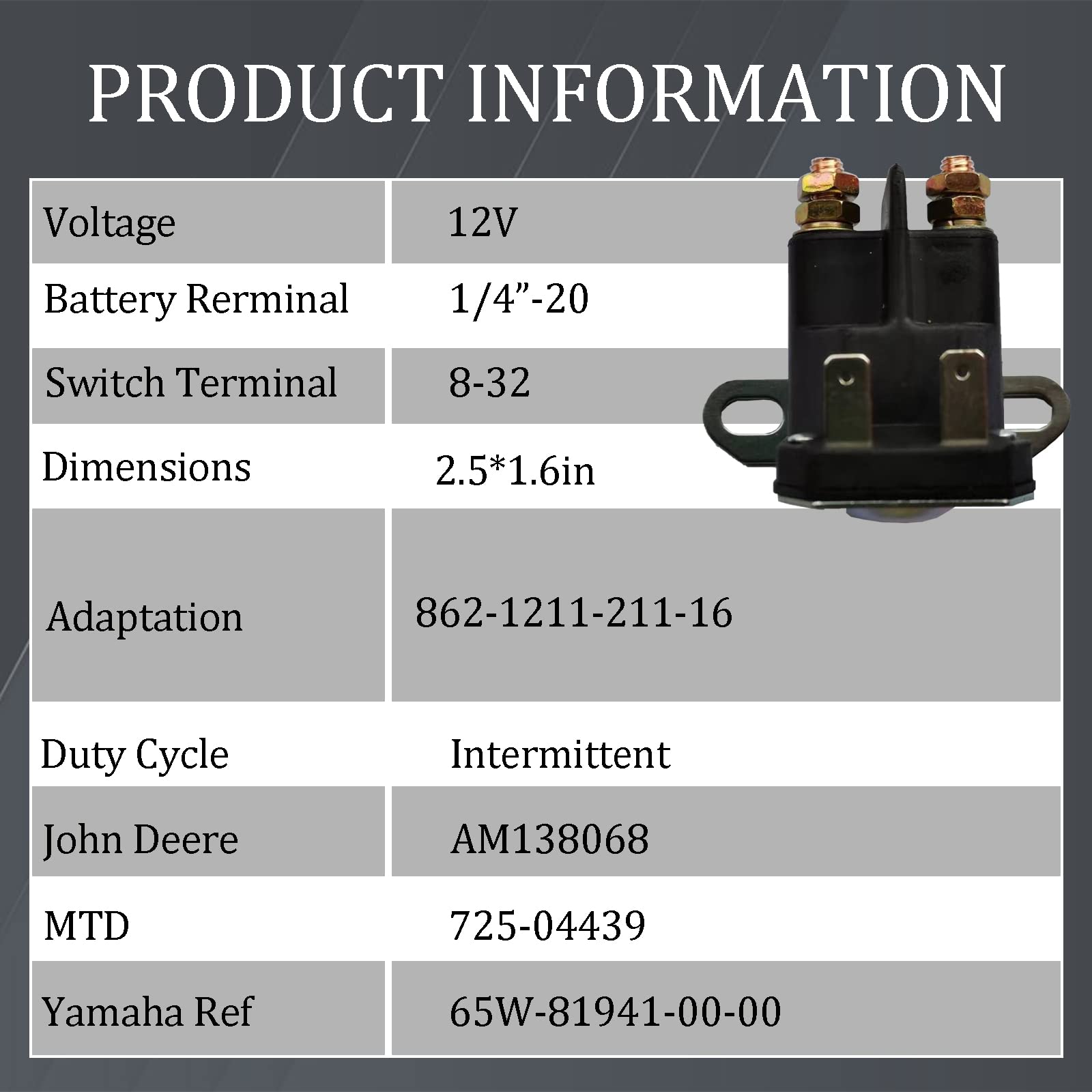 2 interruptores de relé solenoide, 862-1211-211-16, relé solenoide de arranque de 12 V para Trombetta Jo-hn Dee-re Cub Cadet AM138068 725-04439 LA100 LA105 LA110 LA115 LA120 LA120 110 LA120